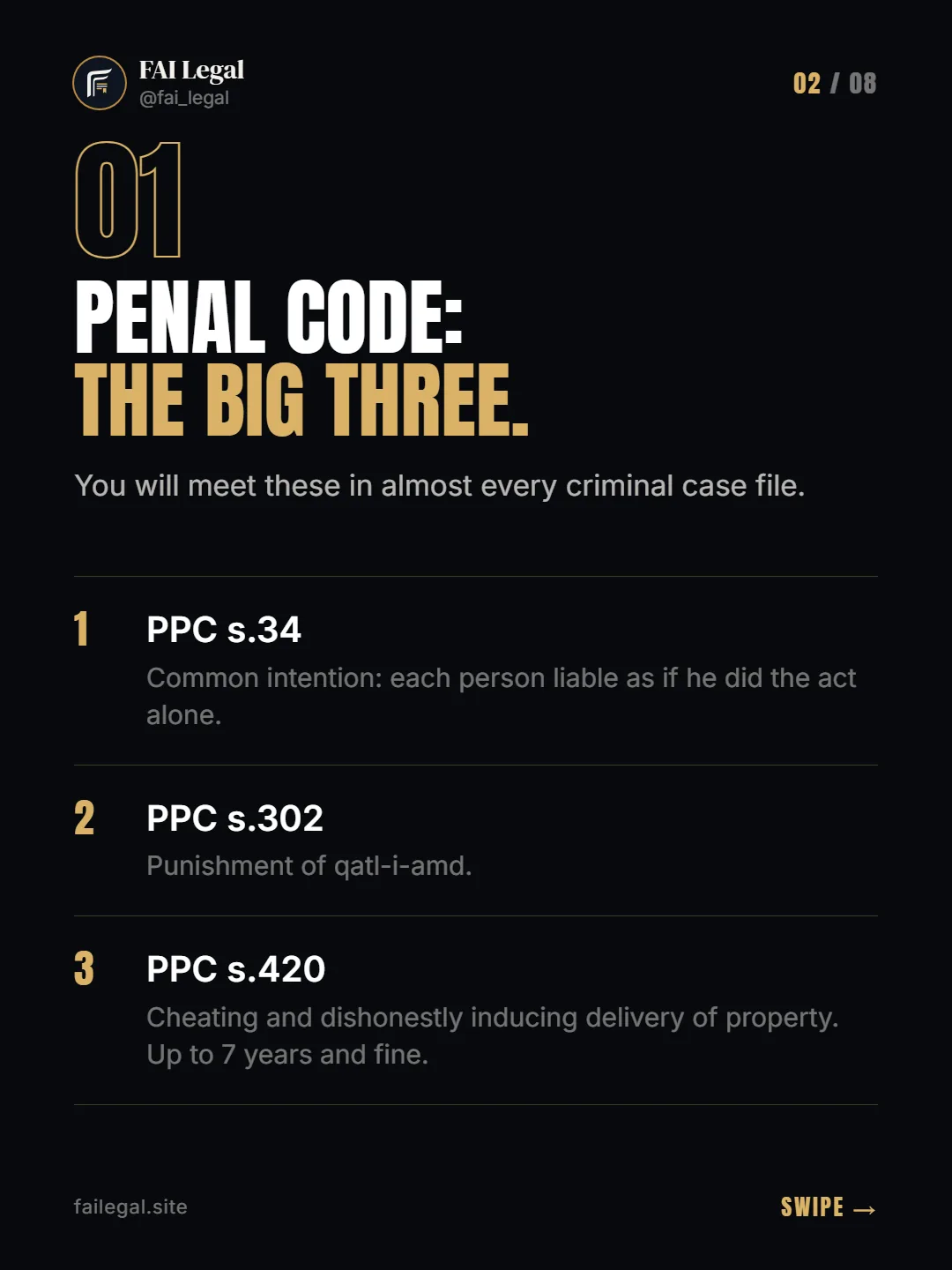 Penal Code: the big three. · You will meet these in almost every criminal case file. · PPC s.34 · PPC s.302 · PPC s.420