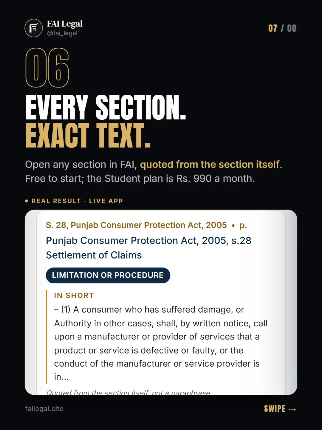 Every section. Exact text. · Open any section in FAI, quoted from the section itself. Free to start; the Student plan is Rs. 990 a month.