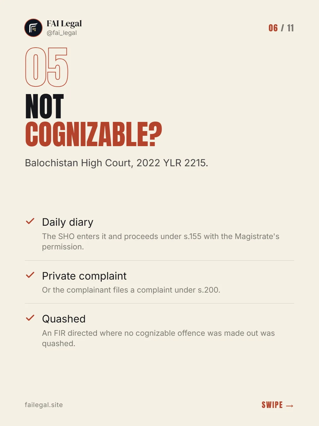 Not cognizable? · Balochistan High Court, 2022 YLR 2215. · Daily diary · Private complaint · Quashed