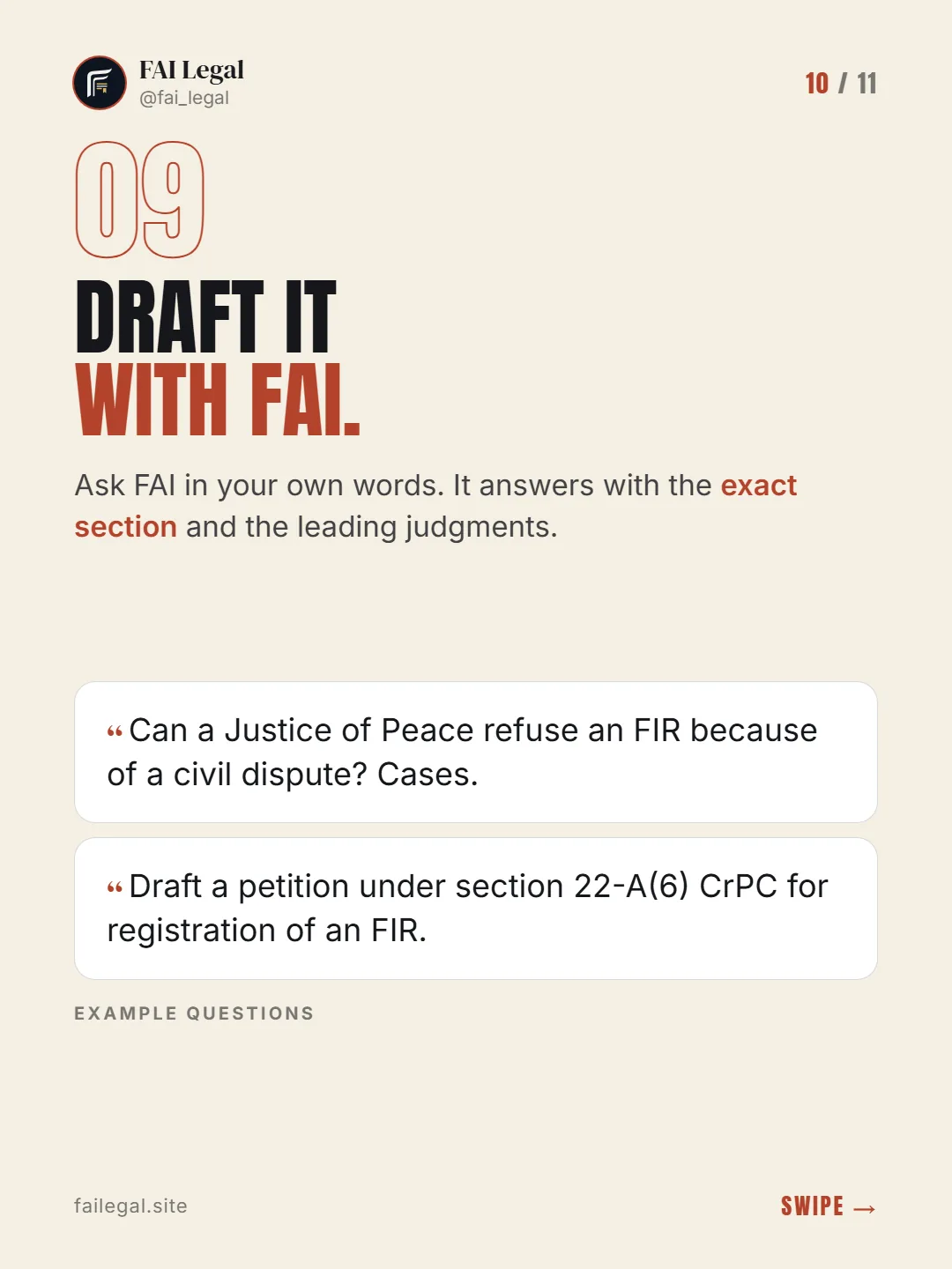 Draft it with FAI. · Ask FAI in your own words. It answers with the exact section and the leading judgments. · Can a Justice of Peace refuse an FIR because of a civil dispute? Cases. · Draft a petition under section 22-A(6) CrPC for registration of an FIR.