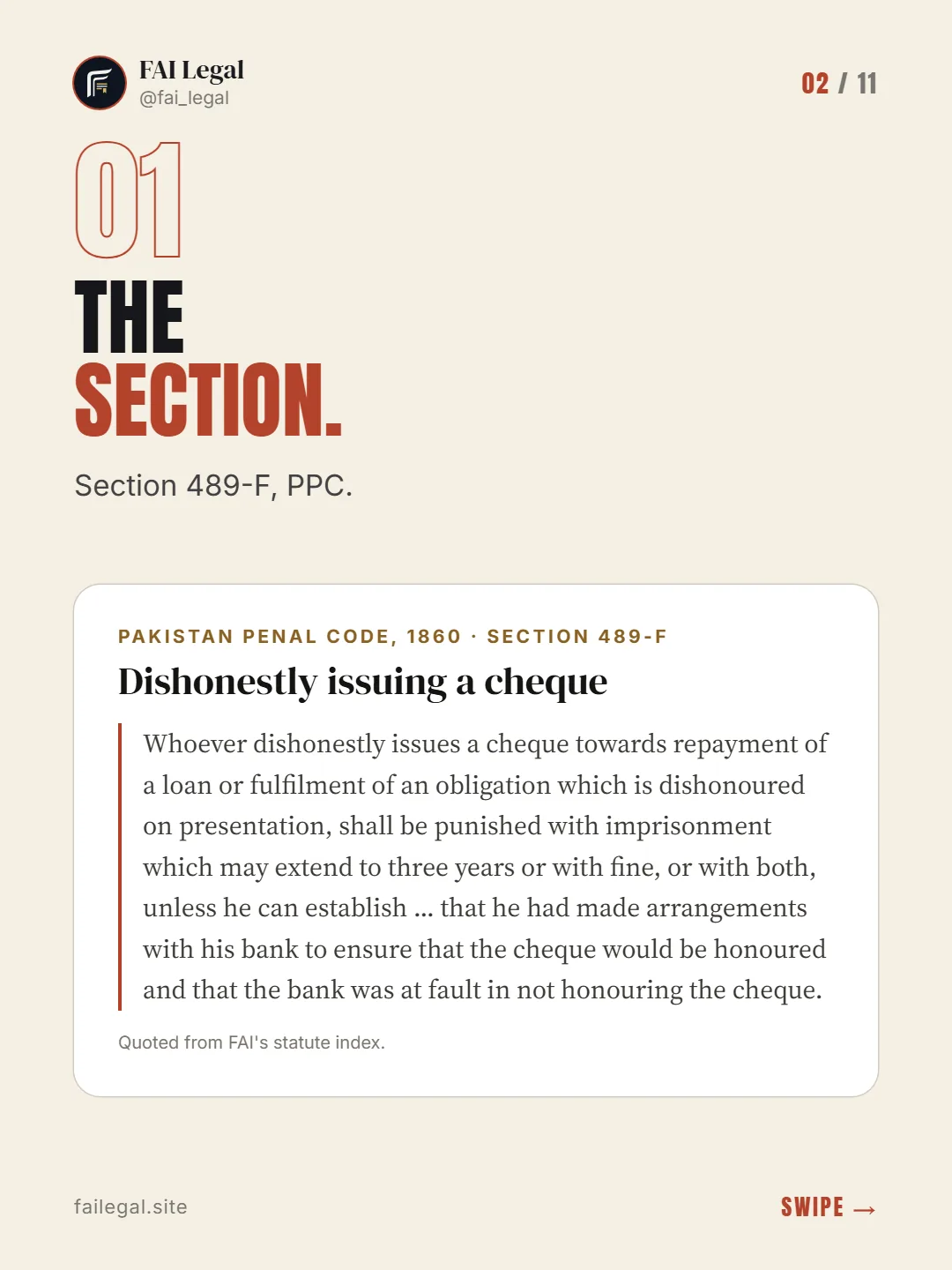The section. · Section 489-F, PPC. · Pakistan Penal Code, 1860 · Section 489-F
