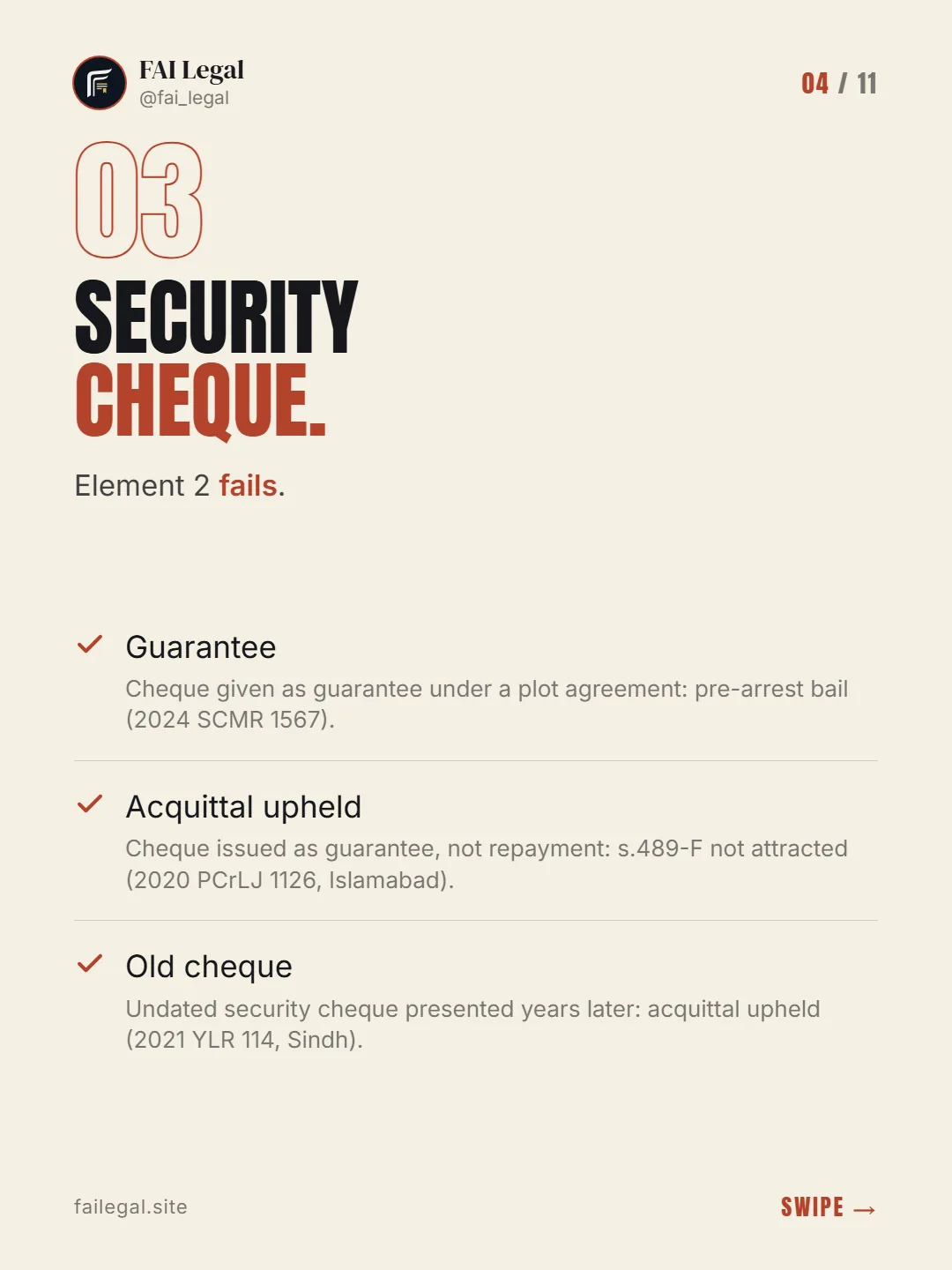 Security cheque. · Element 2 fails. · Guarantee · Acquittal upheld · Old cheque
