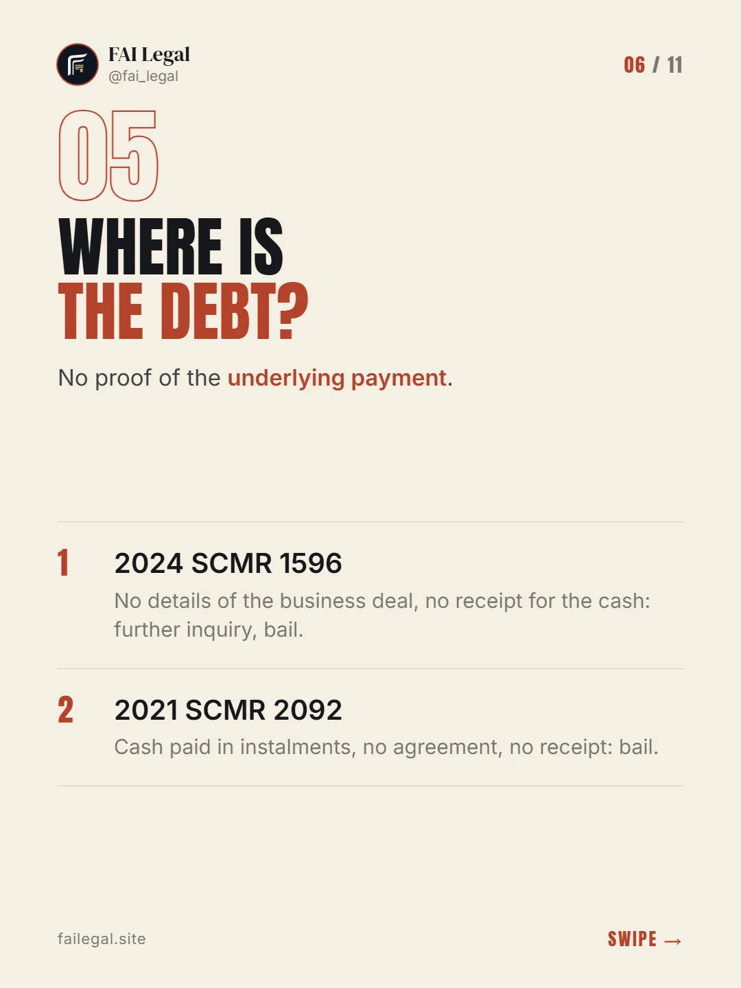 Where is the debt? · No proof of the underlying payment. · 2024 SCMR 1596 · 2021 SCMR 2092