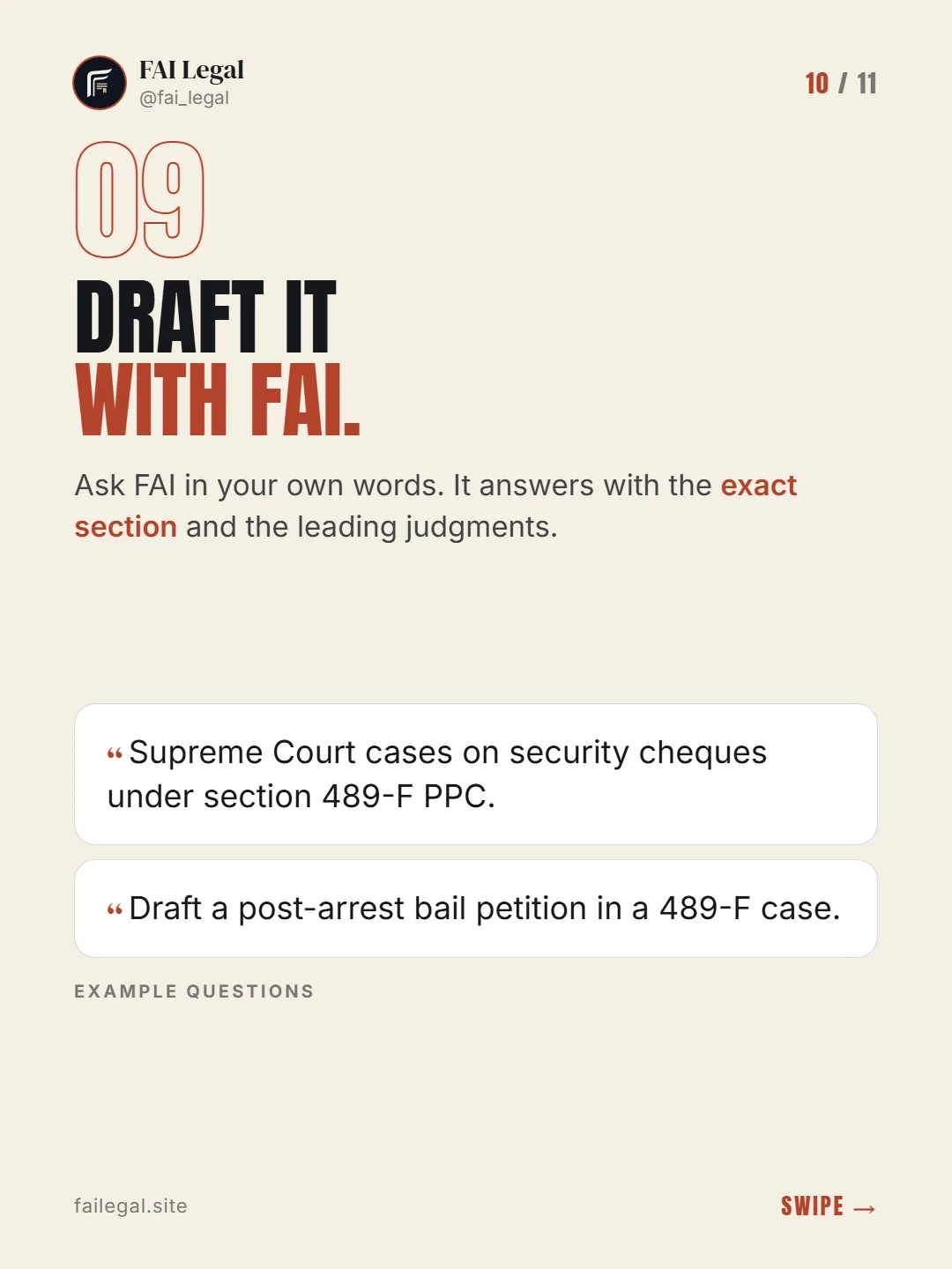 Draft it with FAI. · Ask FAI in your own words. It answers with the exact section and the leading judgments. · Supreme Court cases on security cheques under section 489-F PPC. · Draft a post-arrest bail petition in a 489-F case.