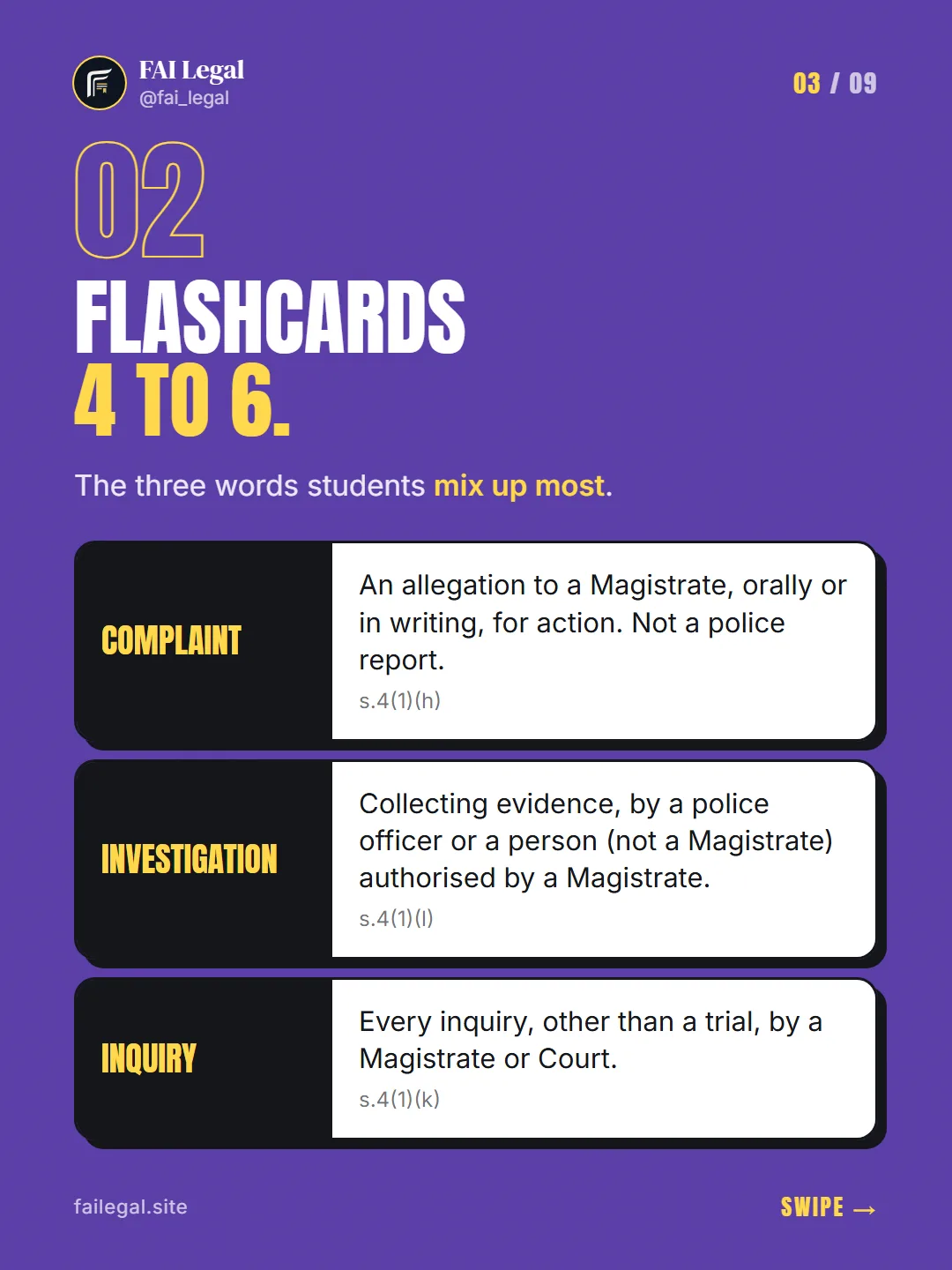 Flashcards 4 to 6. · The three words students mix up most. · Complaint · Investigation · Inquiry