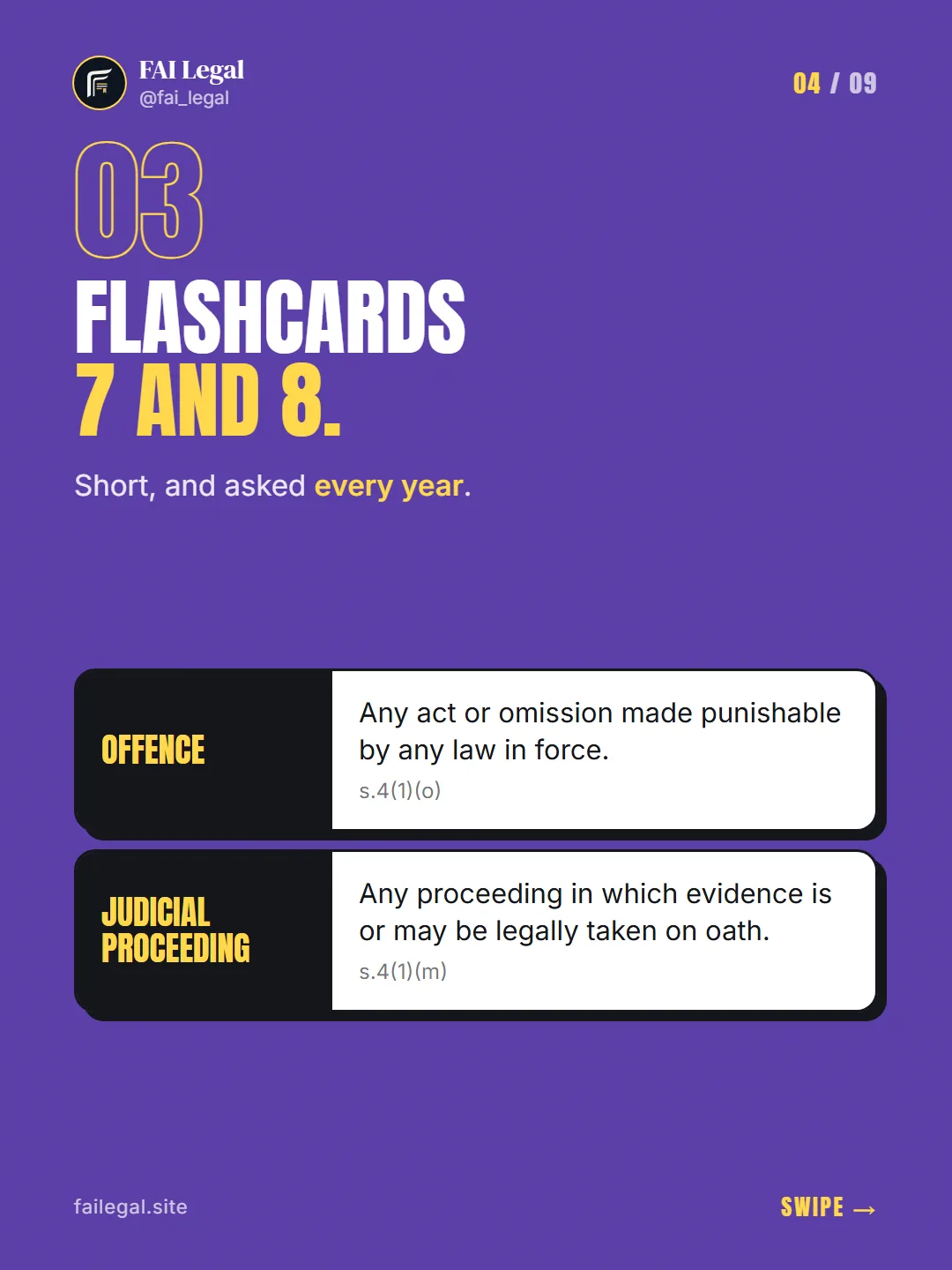 Flashcards 7 and 8. · Short, and asked every year. · Offence · Judicial proceeding