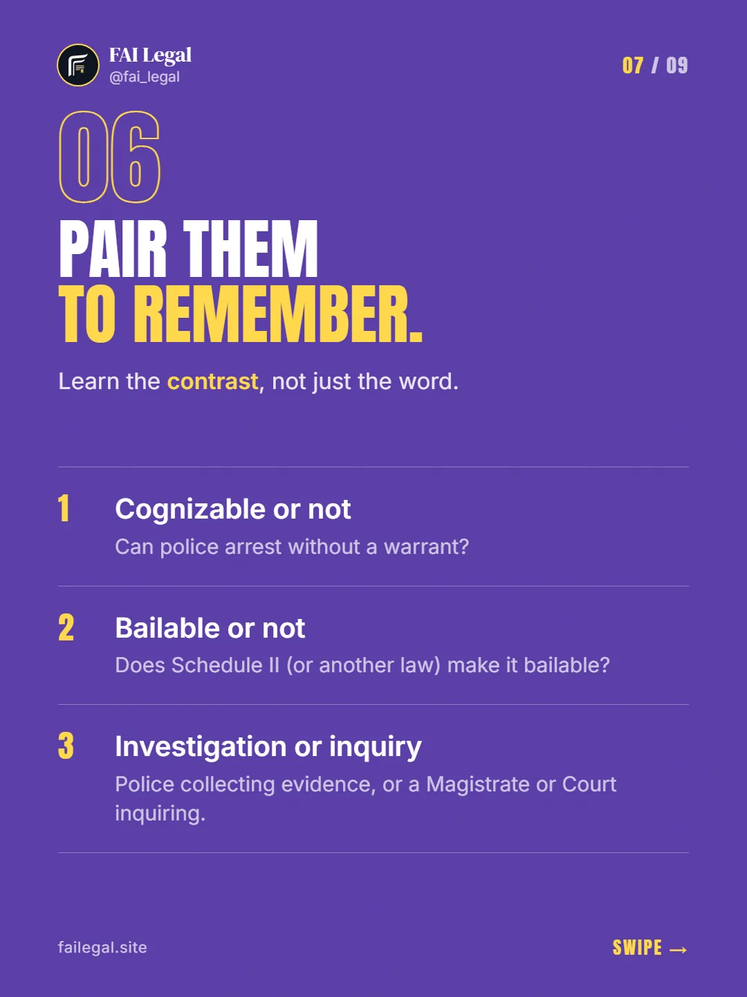 Pair them to remember. · Learn the contrast, not just the word. · Cognizable or not · Bailable or not · Investigation or inquiry