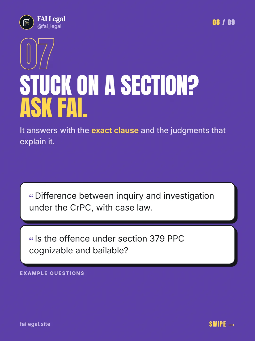 Stuck on a section? Ask FAI. · It answers with the exact clause and the judgments that explain it. · Difference between inquiry and investigation under the CrPC, with case law. · Is the offence under section 379 PPC cognizable and bailable?