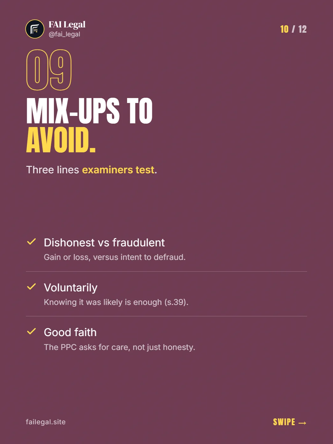 Mix-ups to avoid. · Three lines examiners test. · Dishonest vs fraudulent · Voluntarily · Good faith