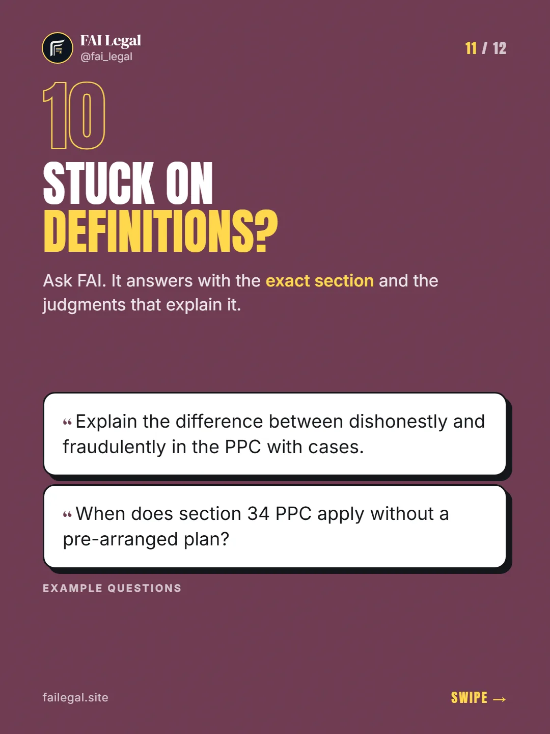 Stuck on definitions? · Ask FAI. It answers with the exact section and the judgments that explain it. · Explain the difference between dishonestly and fraudulently in the PPC with cases. · When does section 34 PPC apply without a pre-arranged plan?