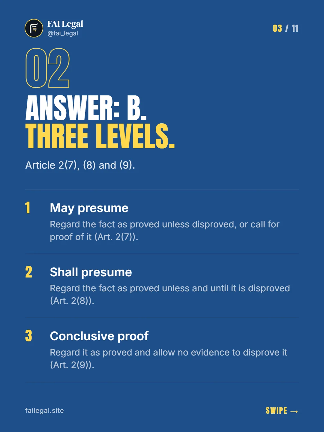 Answer: B. Three levels. · Article 2(7), (8) and (9). · May presume · Shall presume · Conclusive proof
