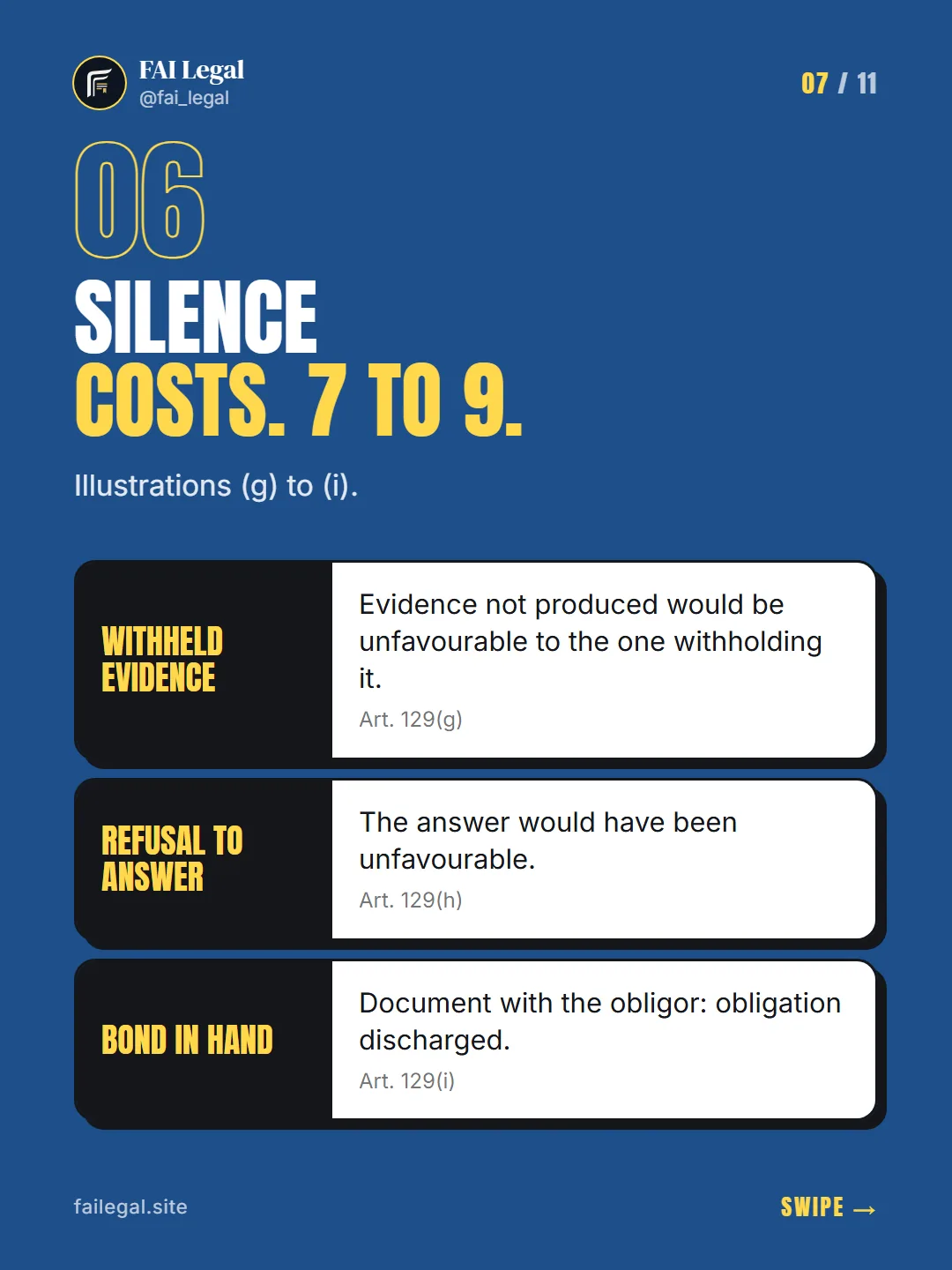 Silence costs. 7 to 9. · Illustrations (g) to (i). · Withheld evidence · Refusal to answer · Bond in hand