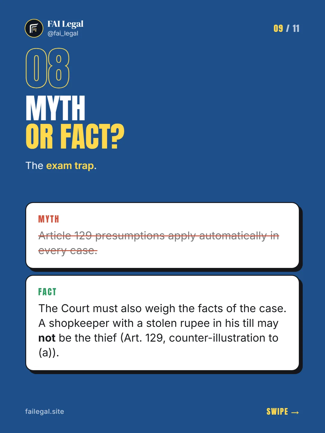 Myth or fact? · The exam trap. · Myth: Article 129 presumptions apply automatically in every case. · Fact: The Court must also weigh the facts of the case. A shopkeeper with a stolen rupee in his till may not be the thief (Art. 129, counter-illustration to (a)).