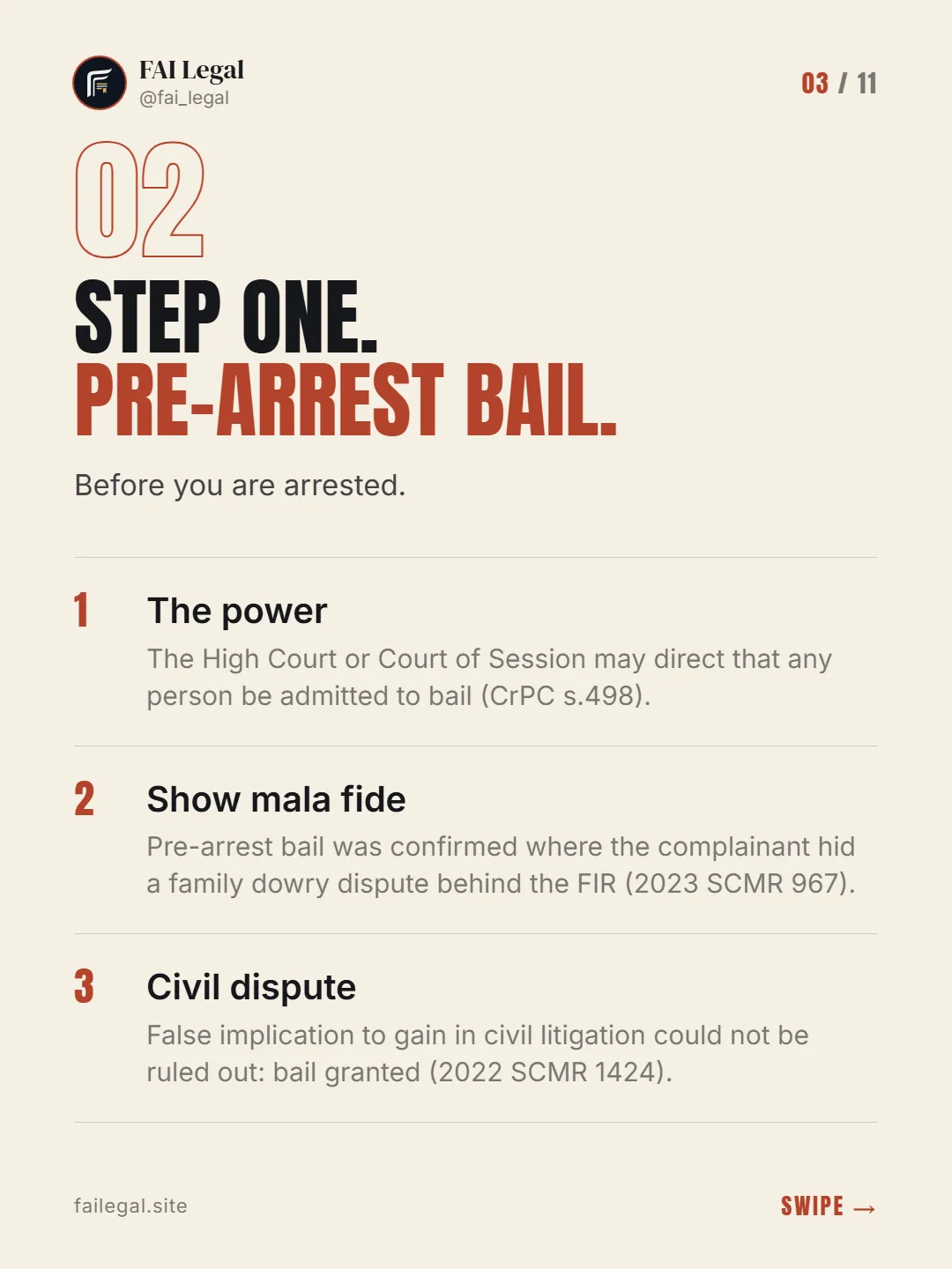 Step one. Pre-arrest bail. · Before you are arrested. · The power · Show mala fide · Civil dispute