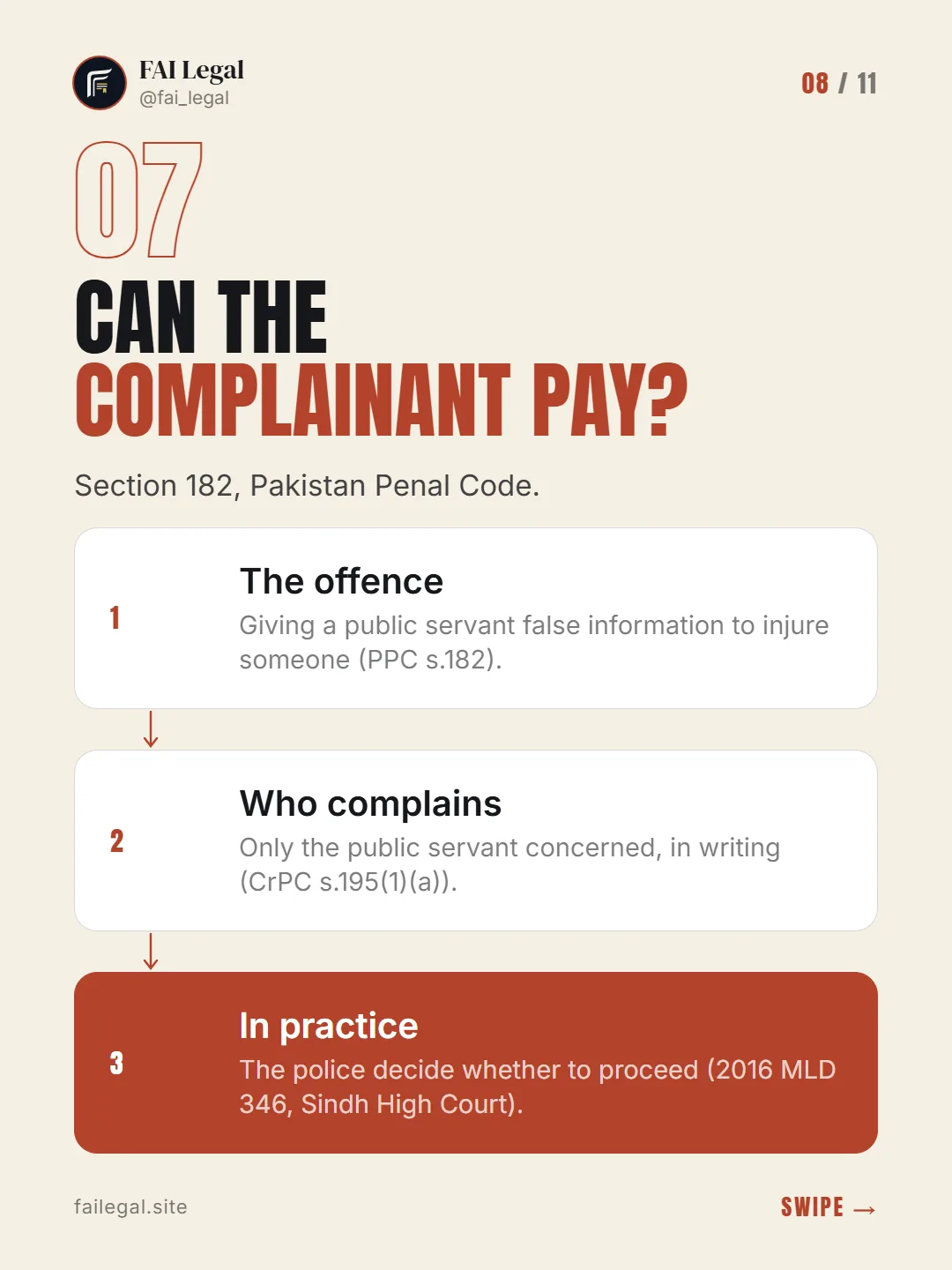 Can the complainant pay? · Section 182, Pakistan Penal Code. · The offence · Who complains · In practice