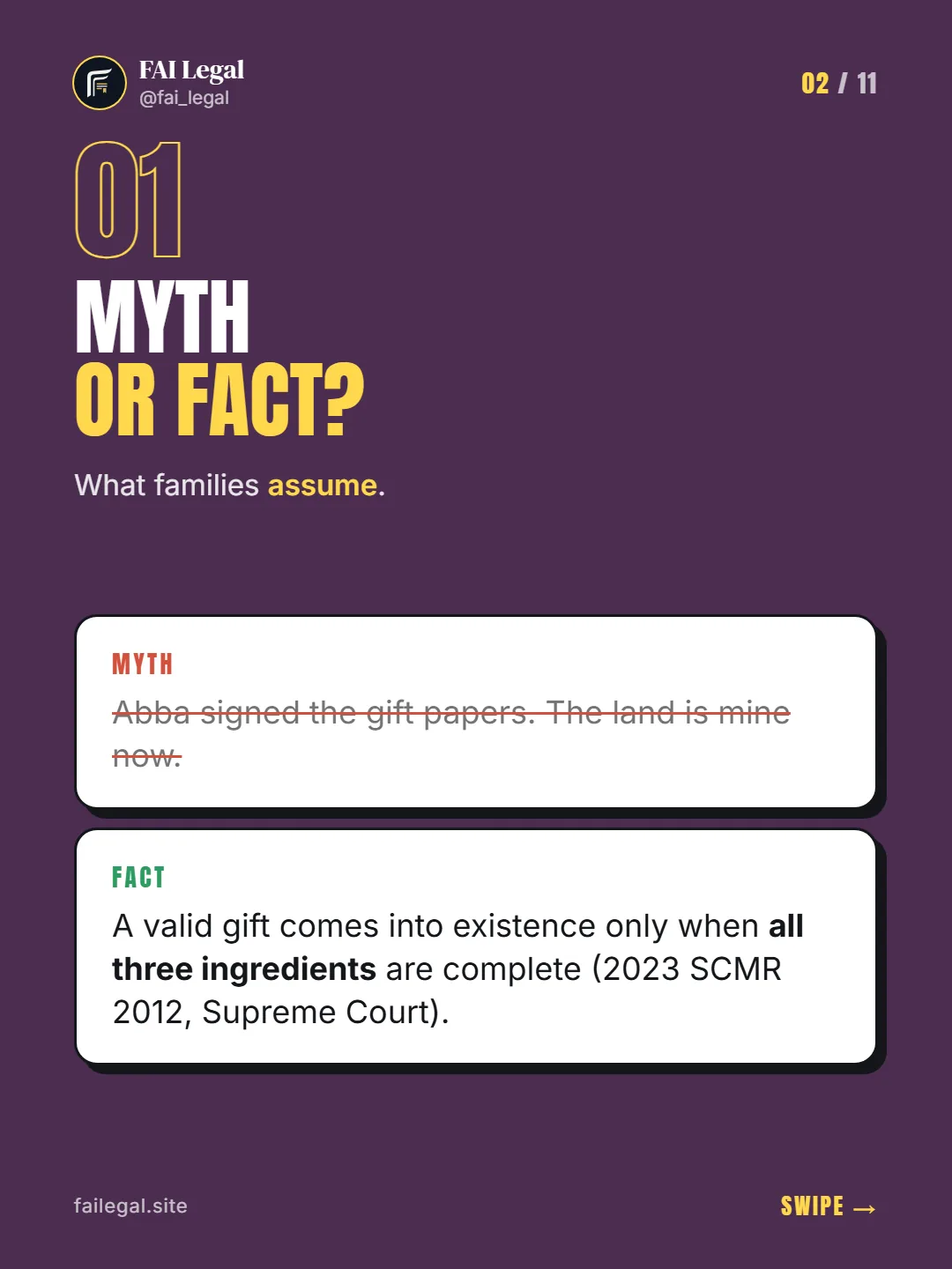 Myth or fact? · What families assume. · Myth: Abba signed the gift papers. The land is mine now. · Fact: A valid gift comes into existence only when all three ingredients are complete (2023 SCMR 2012, Supreme Court).