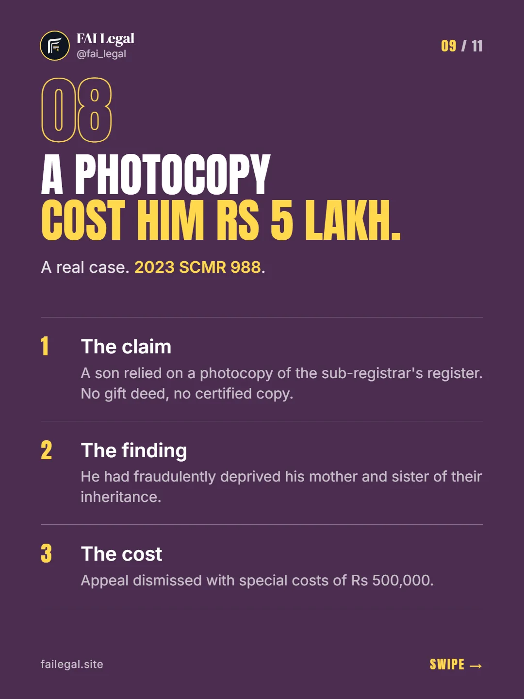 A photocopy cost him Rs 5 lakh. · A real case. 2023 SCMR 988. · The claim · The finding · The cost