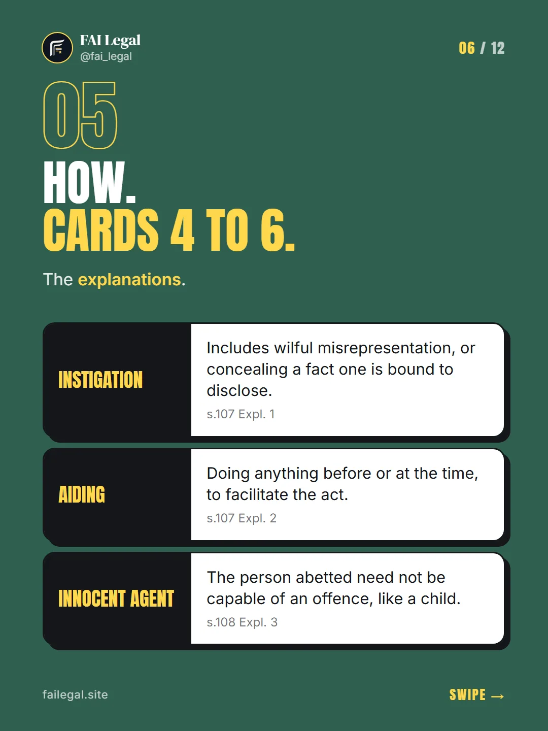 How. Cards 4 to 6. · The explanations. · Instigation · Aiding · Innocent agent