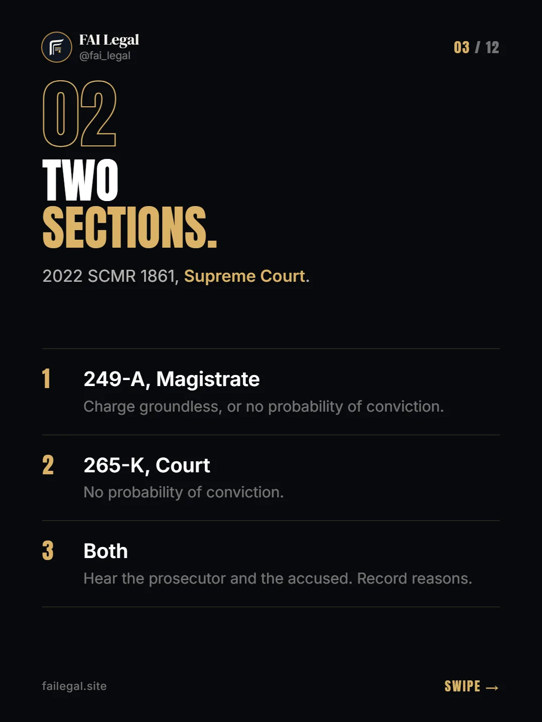 Two sections. · 2022 SCMR 1861, Supreme Court. · 249-A, Magistrate · 265-K, Court · Both