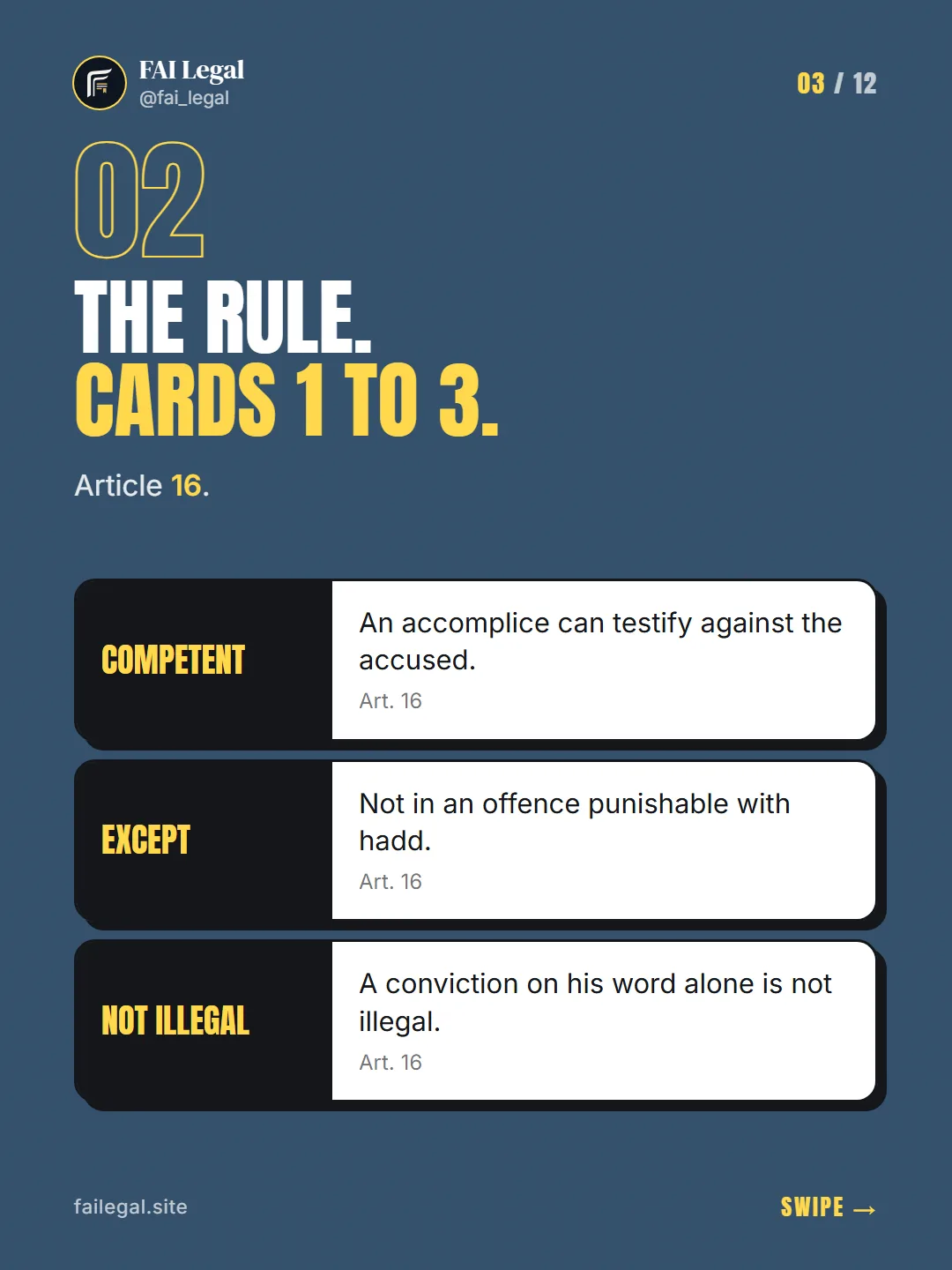 The rule. Cards 1 to 3. · Article 16. · Competent · Except · Not illegal