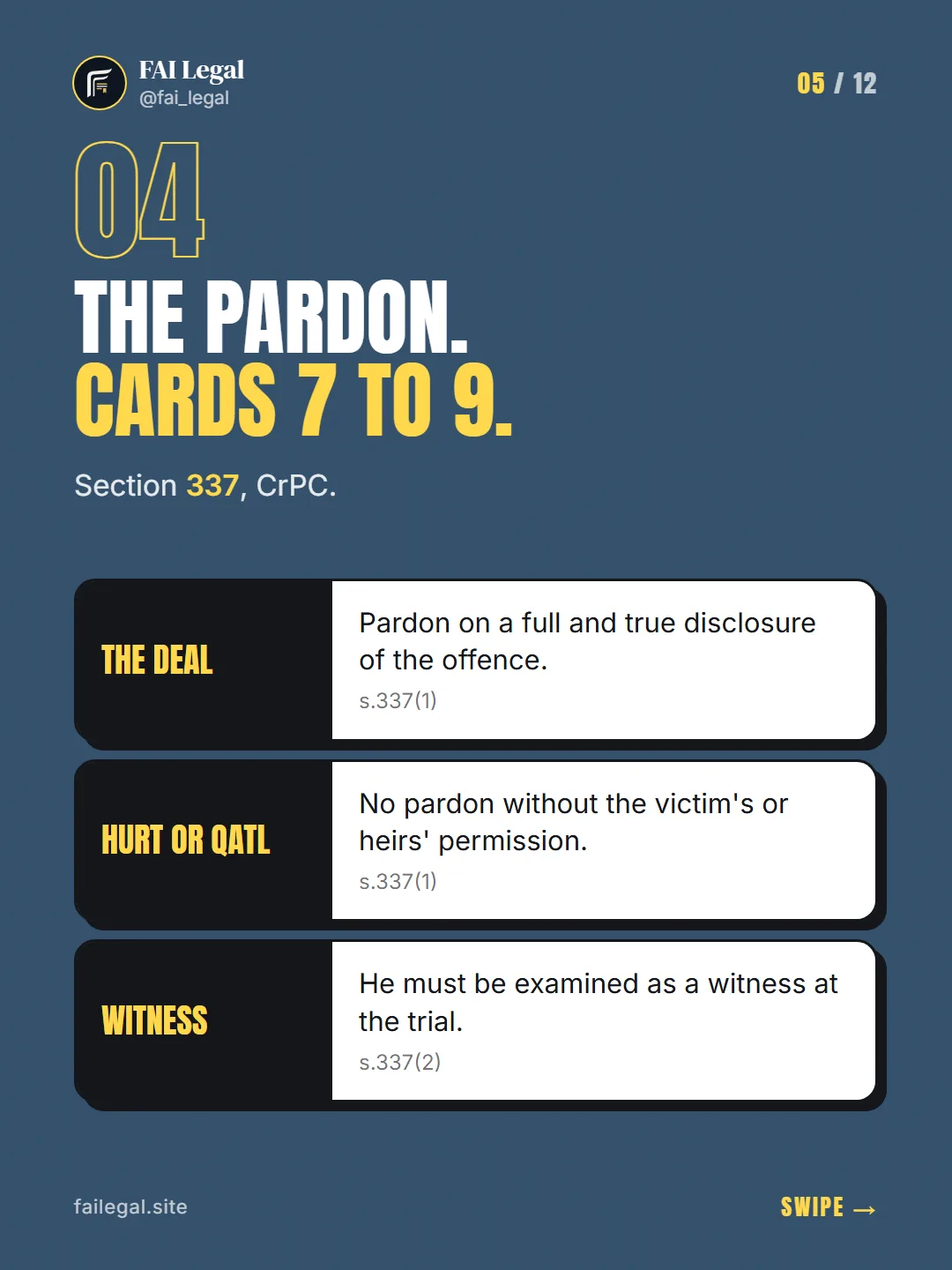 The pardon. Cards 7 to 9. · Section 337, CrPC. · The deal · Hurt or qatl · Witness