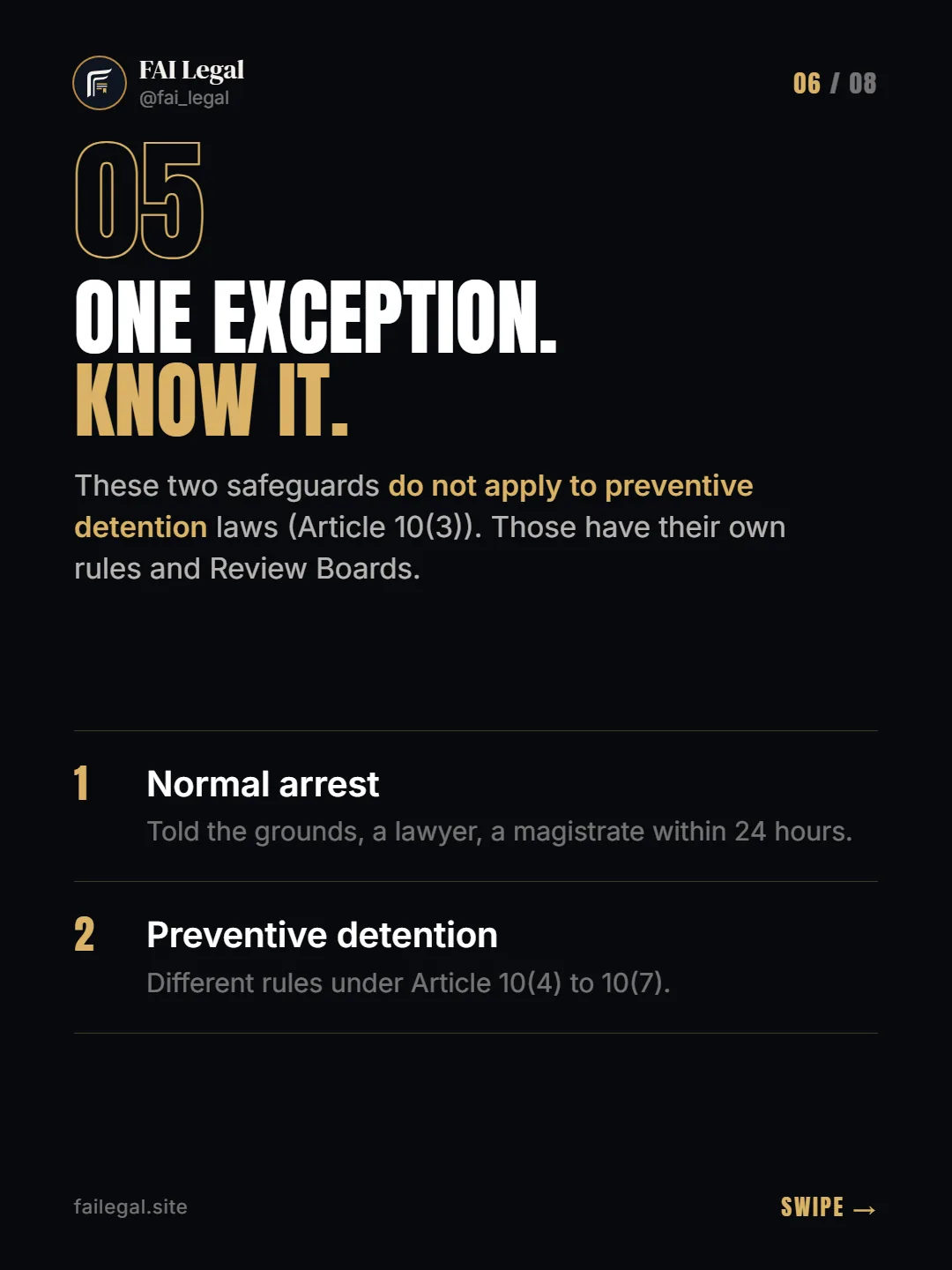 One exception. Know it. · These two safeguards do not apply to preventive detention laws (Article 10(3)). Those have their own rules and Review Boards. · Normal arrest · Preventive detention