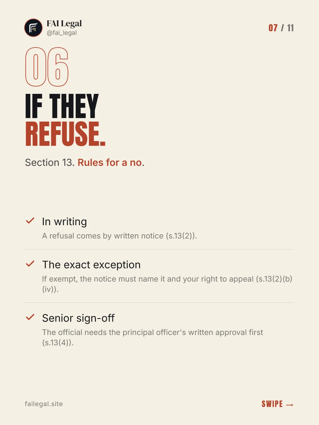 If they refuse. · Section 13. Rules for a no. · In writing · The exact exception · Senior sign-off