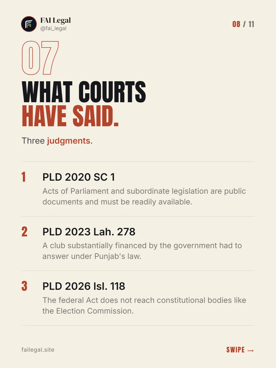 What courts have said. · Three judgments. · PLD 2020 SC 1 · PLD 2023 Lah. 278 · PLD 2026 Isl. 118