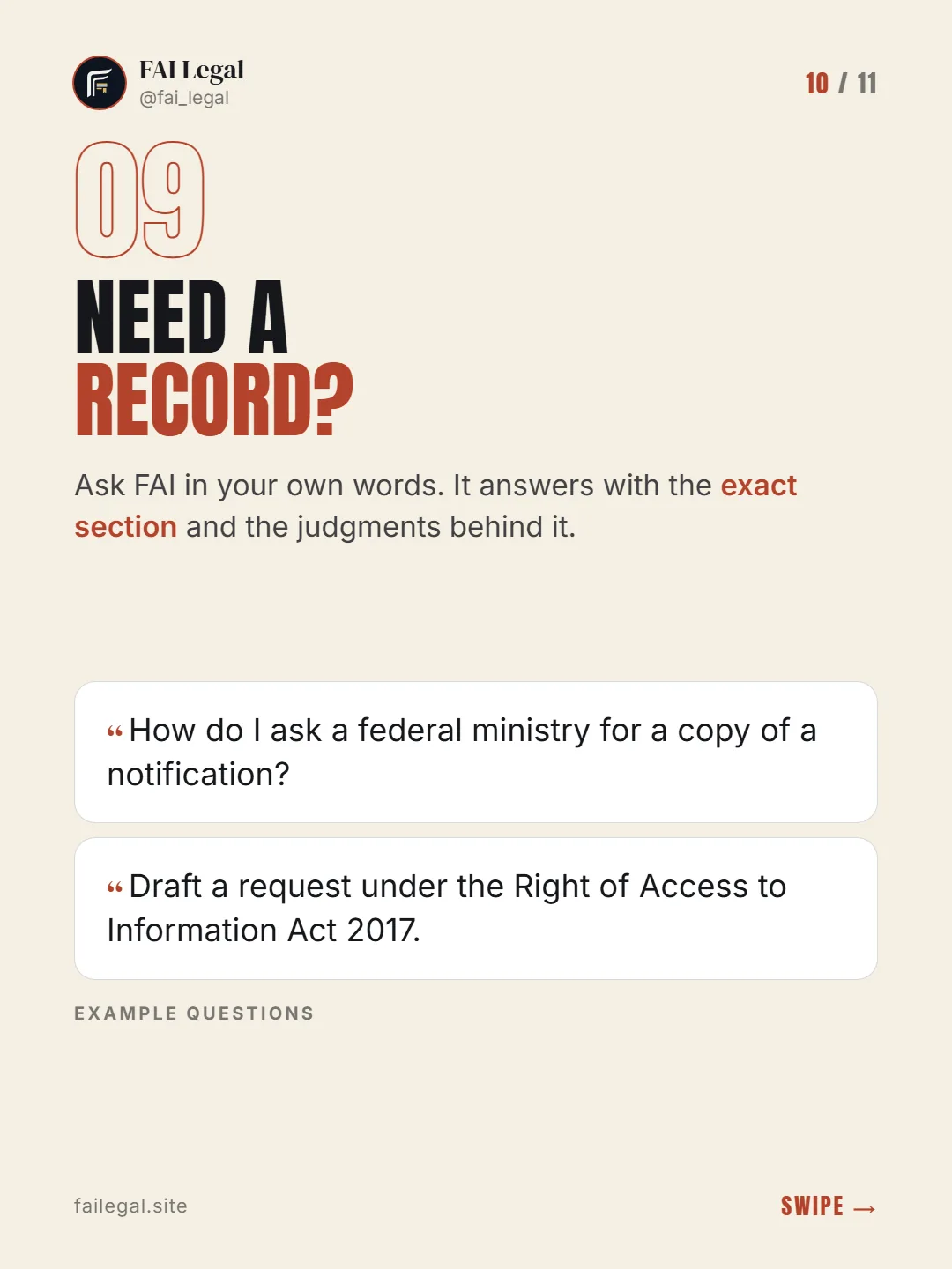 Need a record? · Ask FAI in your own words. It answers with the exact section and the judgments behind it. · How do I ask a federal ministry for a copy of a notification? · Draft a request under the Right of Access to Information Act 2017.