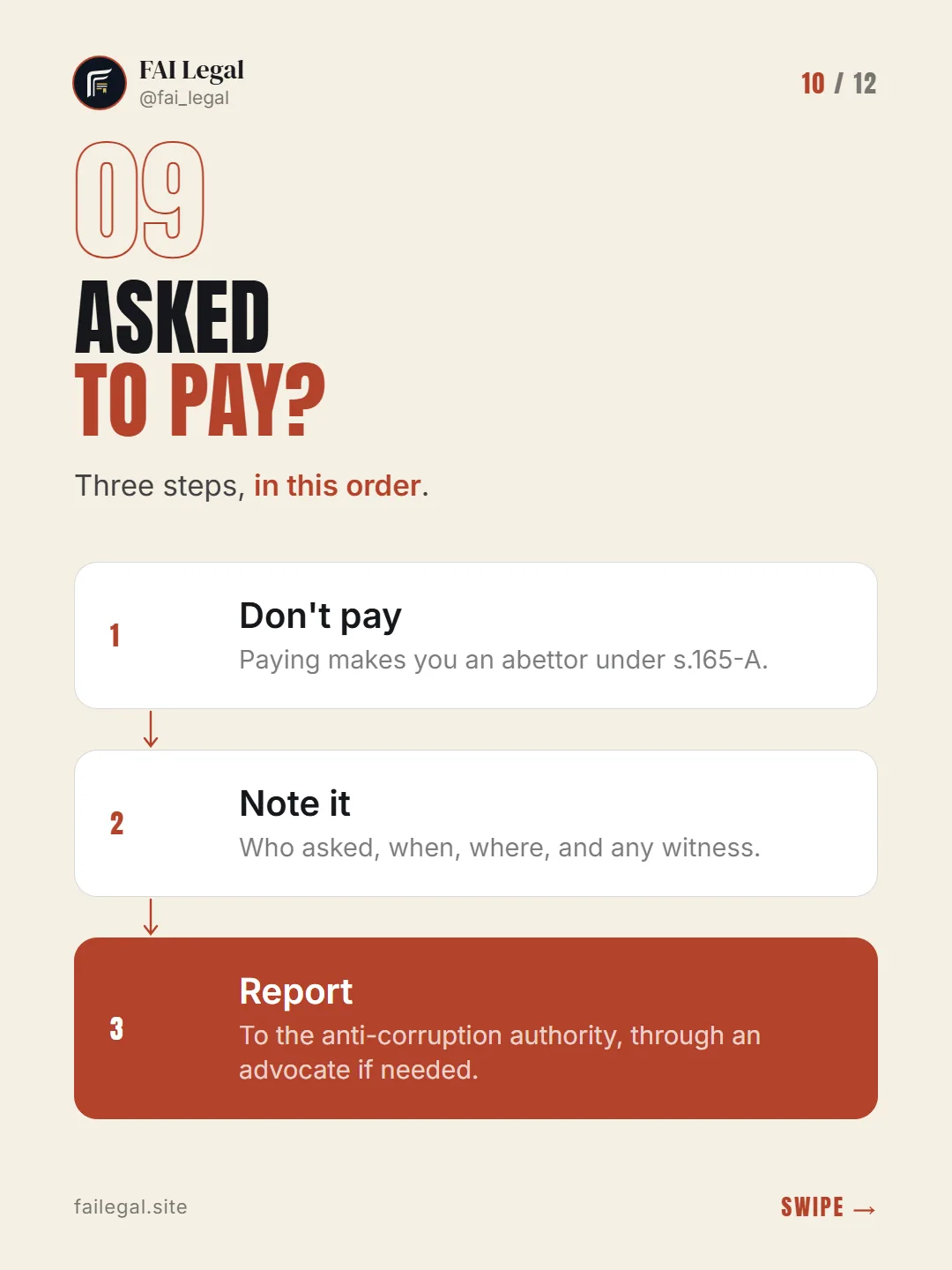 Asked to pay? · Three steps, in this order. · Don't pay · Note it · Report