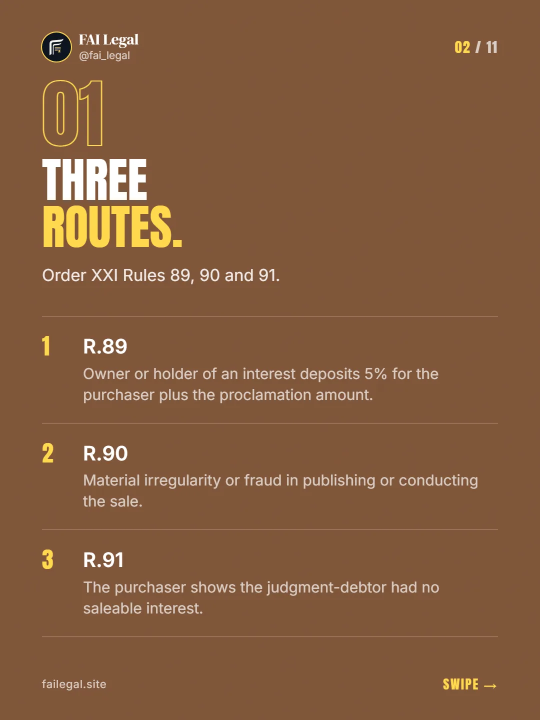 Three routes. · Order XXI Rules 89, 90 and 91. · R.89 · R.90 · R.91