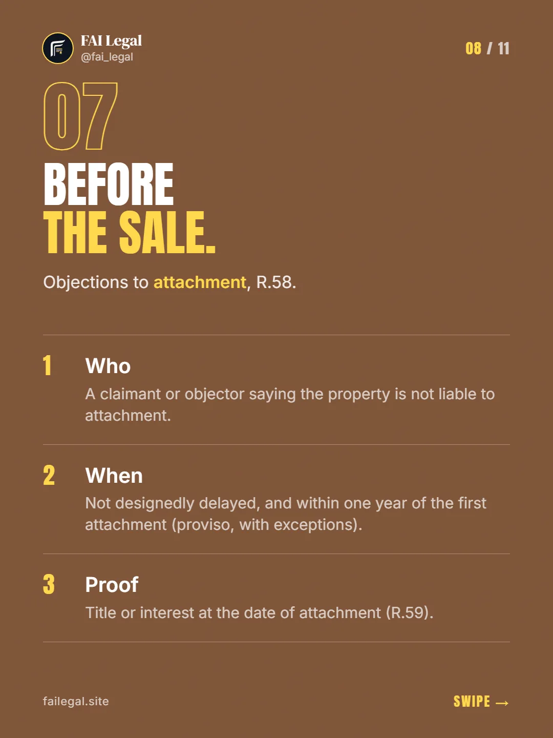 Before the sale. · Objections to attachment, R.58. · Who · When · Proof