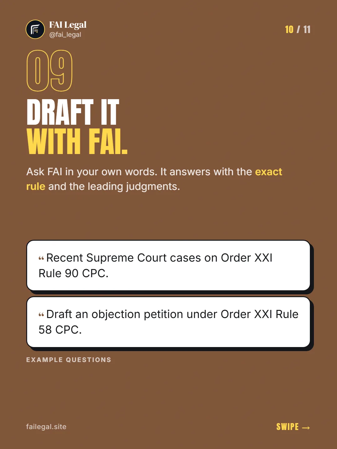 Draft it with FAI. · Ask FAI in your own words. It answers with the exact rule and the leading judgments. · Recent Supreme Court cases on Order XXI Rule 90 CPC. · Draft an objection petition under Order XXI Rule 58 CPC.