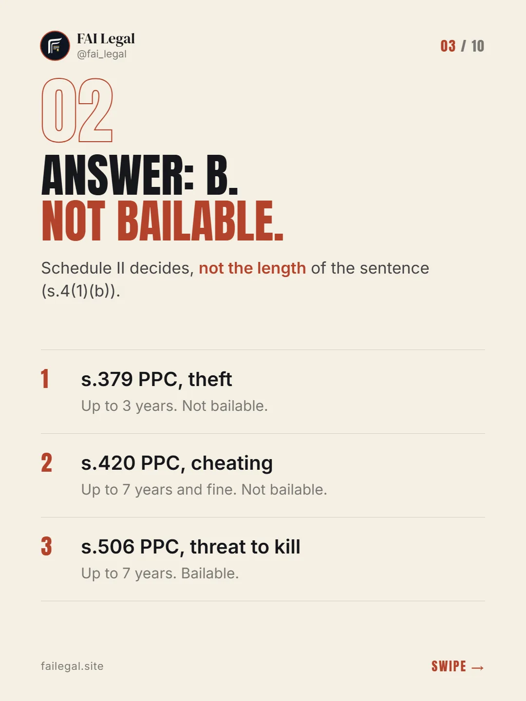 Answer: B. Not bailable. · Schedule II decides, not the length of the sentence (s.4(1)(b)). · s.379 PPC, theft · s.420 PPC, cheating · s.506 PPC, threat to kill