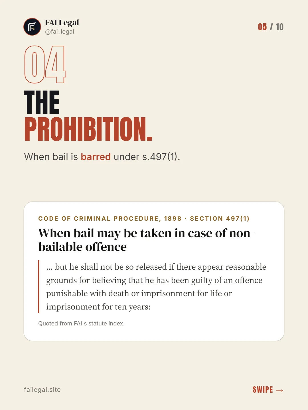 The prohibition. · When bail is barred under s.497(1). · Code of Criminal Procedure, 1898 · Section 497(1)