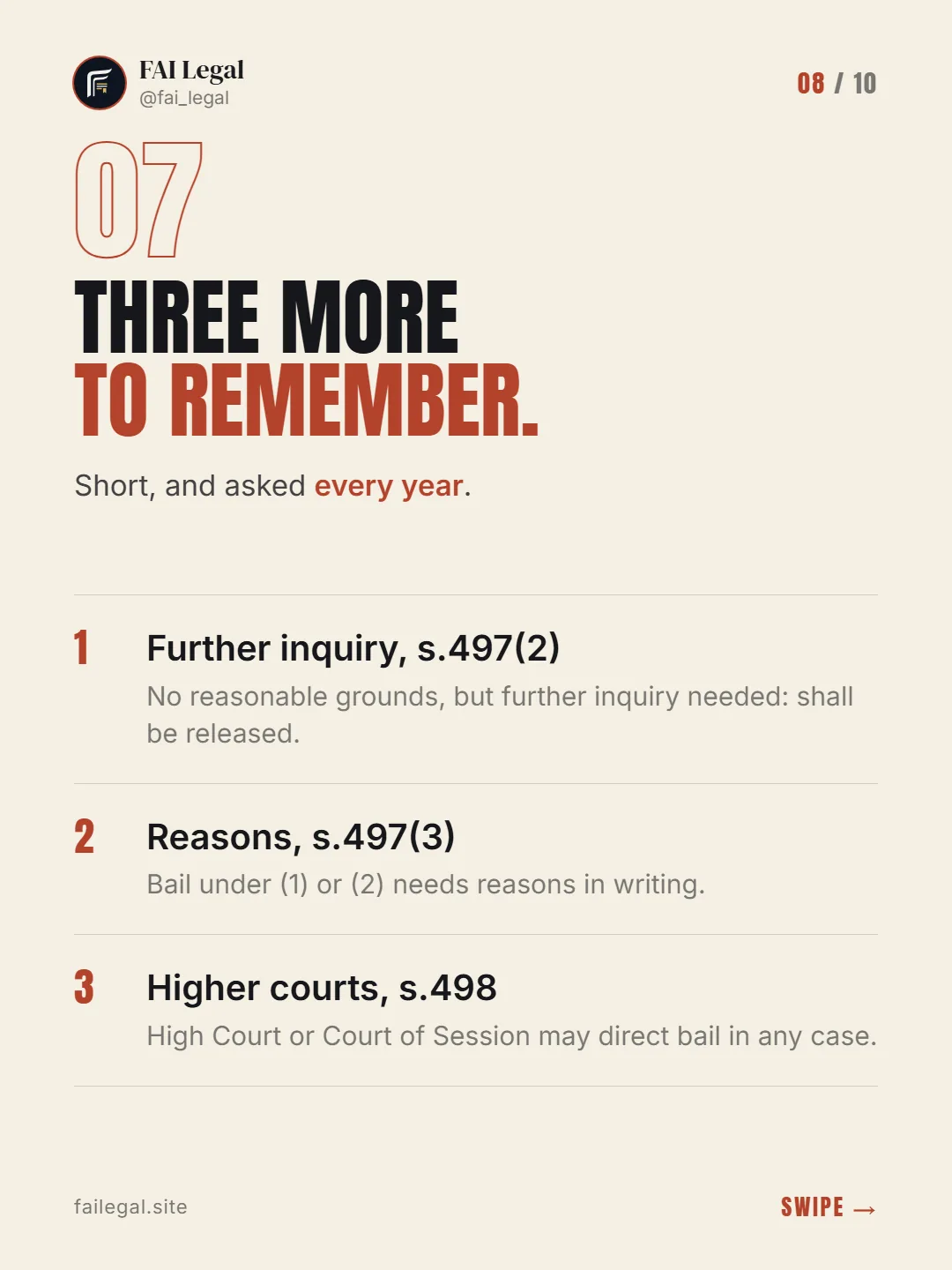 Three more to remember. · Short, and asked every year. · Further inquiry, s.497(2) · Reasons, s.497(3) · Higher courts, s.498