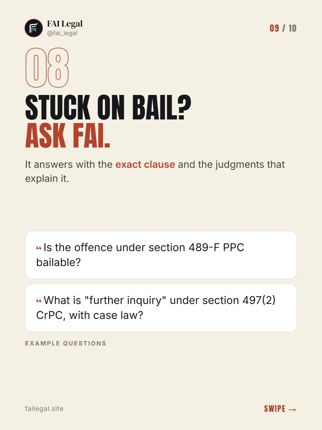 Stuck on bail? Ask FAI. · It answers with the exact clause and the judgments that explain it. · Is the offence under section 489-F PPC bailable? · What is "further inquiry" under section 497(2) CrPC, with case law?