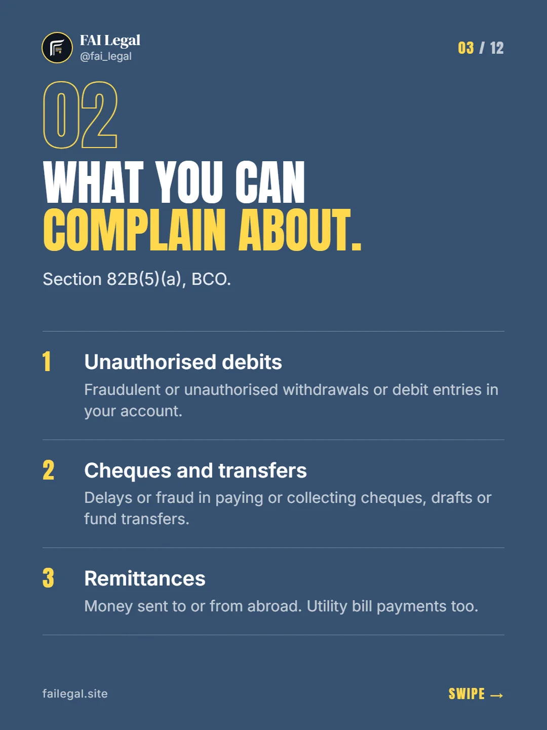What you can complain about. · Section 82B(5)(a), BCO. · Unauthorised debits · Cheques and transfers · Remittances