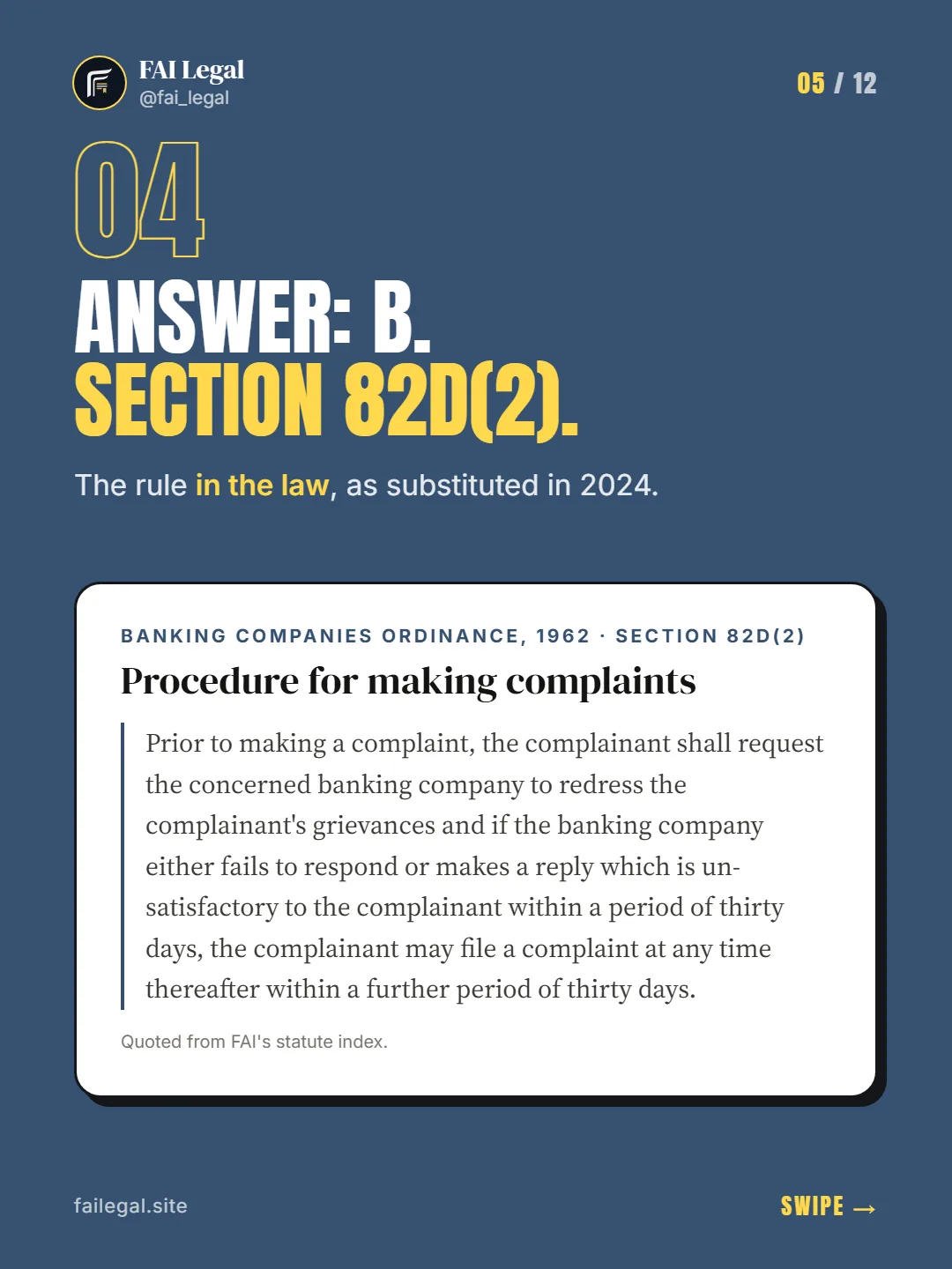Answer: B. Section 82D(2). · The rule in the law, as substituted in 2024. · Banking Companies Ordinance, 1962 · Section 82D(2)
