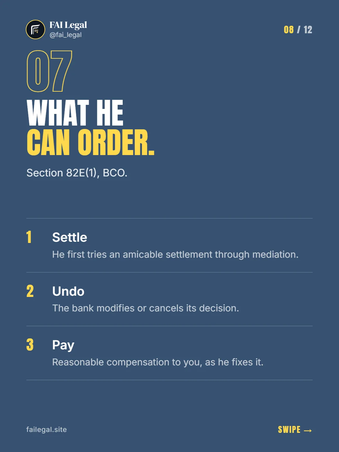 What he can order. · Section 82E(1), BCO. · Settle · Undo · Pay