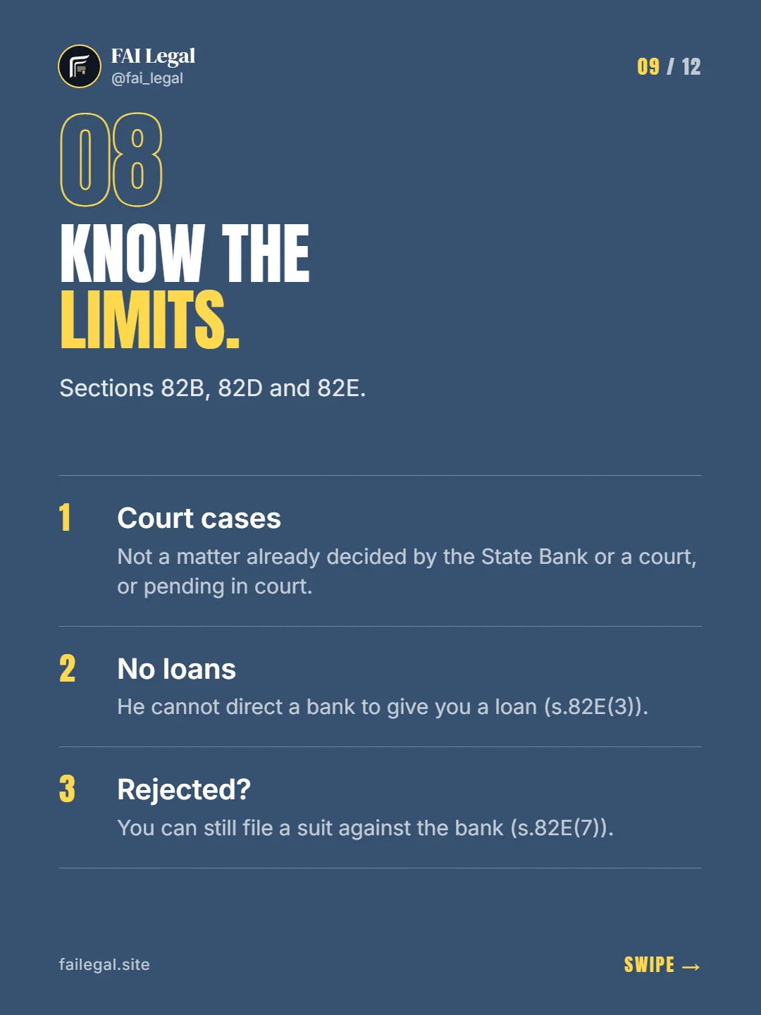 Know the limits. · Sections 82B, 82D and 82E. · Court cases · No loans · Rejected?