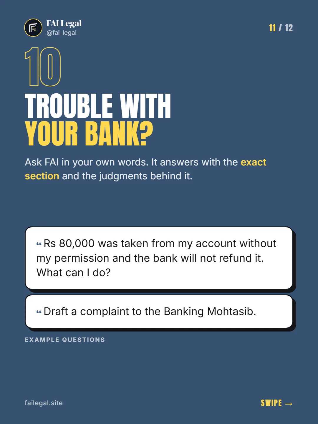 Trouble with your bank? · Ask FAI in your own words. It answers with the exact section and the judgments behind it. · Rs 80,000 was taken from my account without my permission and the bank will not refund it. What can I do? · Draft a complaint to the Banking Mohtasib.