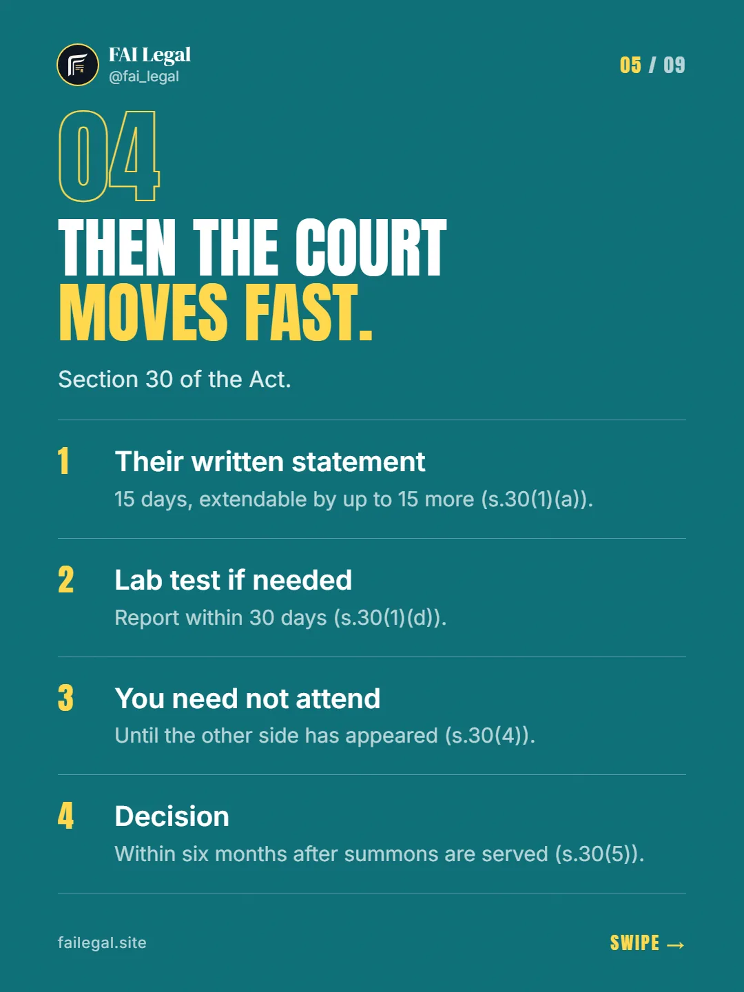 Then the court moves fast. · Section 30 of the Act. · Their written statement · Lab test if needed · You need not attend · Decision