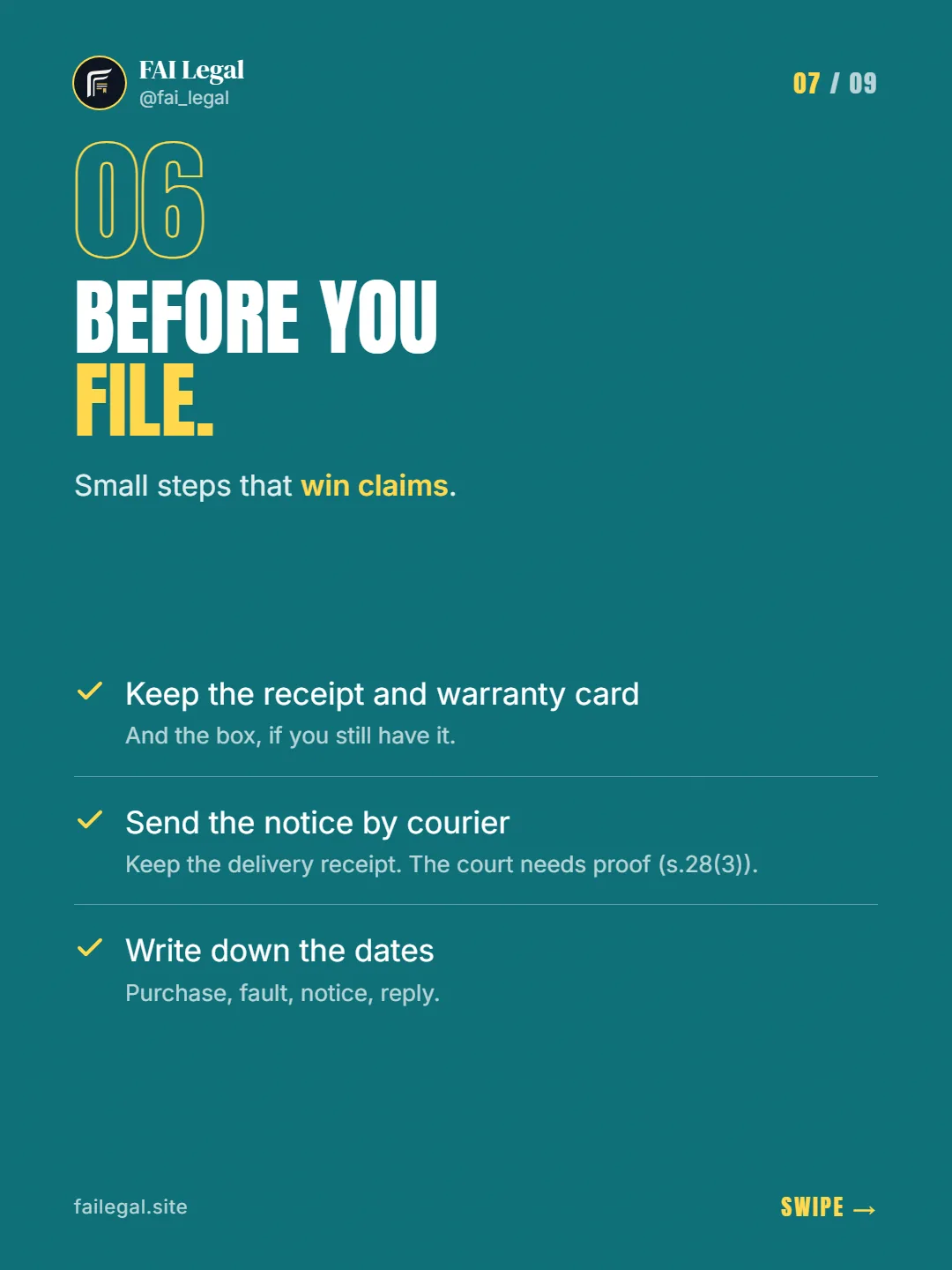 Before you file. · Small steps that win claims. · Keep the receipt and warranty card · Send the notice by courier · Write down the dates
