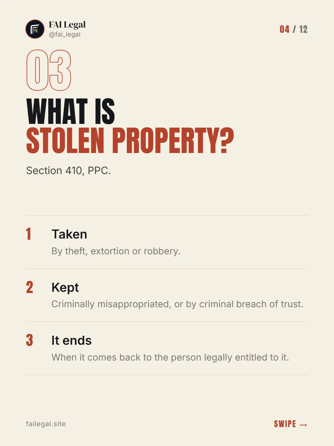 What is stolen property? · Section 410, PPC. · Taken · Kept · It ends