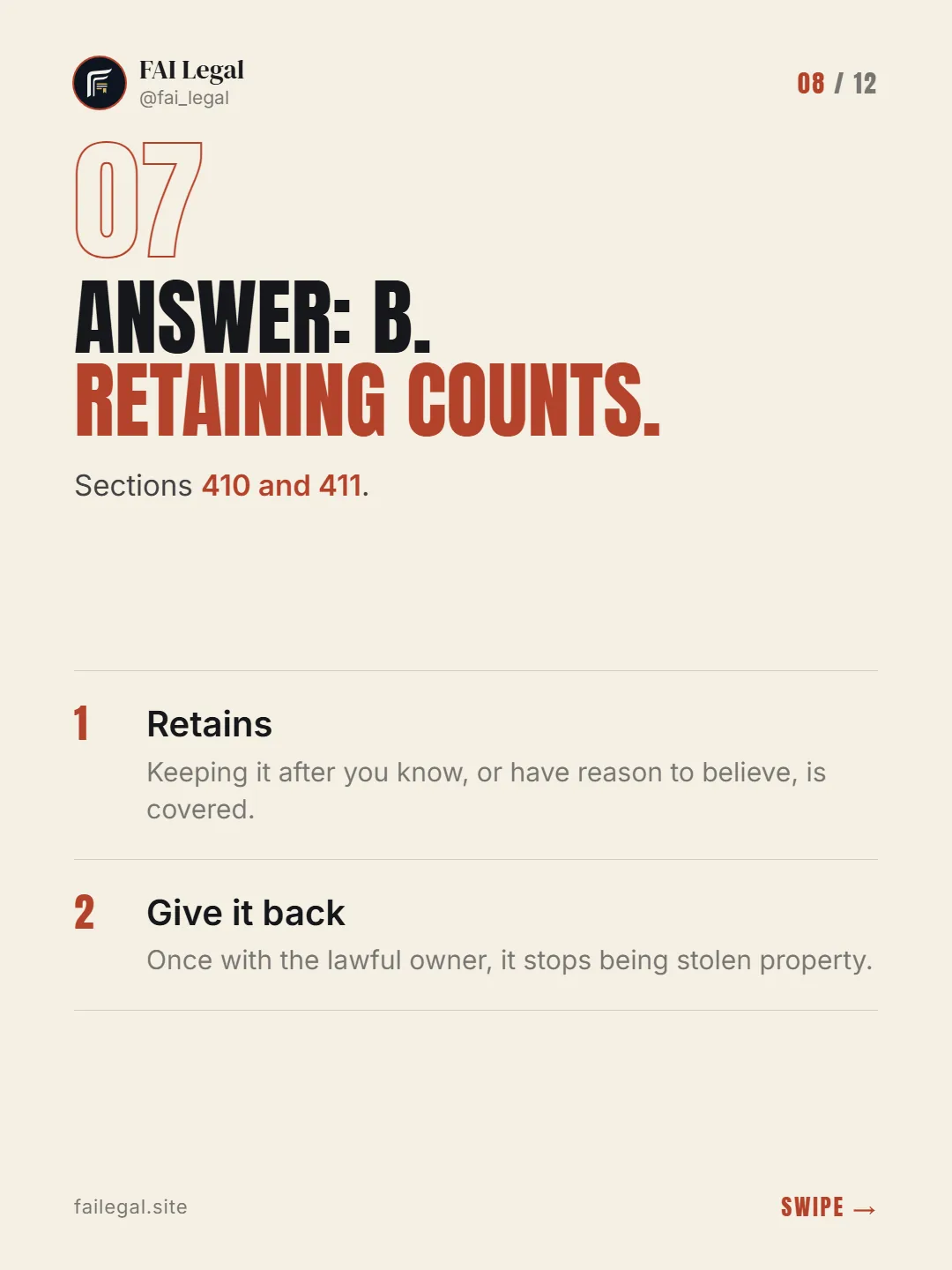 Answer: B. Retaining counts. · Sections 410 and 411. · Retains · Give it back