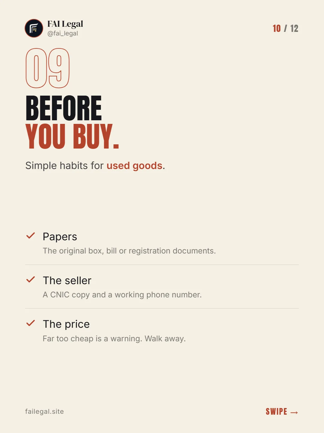 Before you buy. · Simple habits for used goods. · Papers · The seller · The price