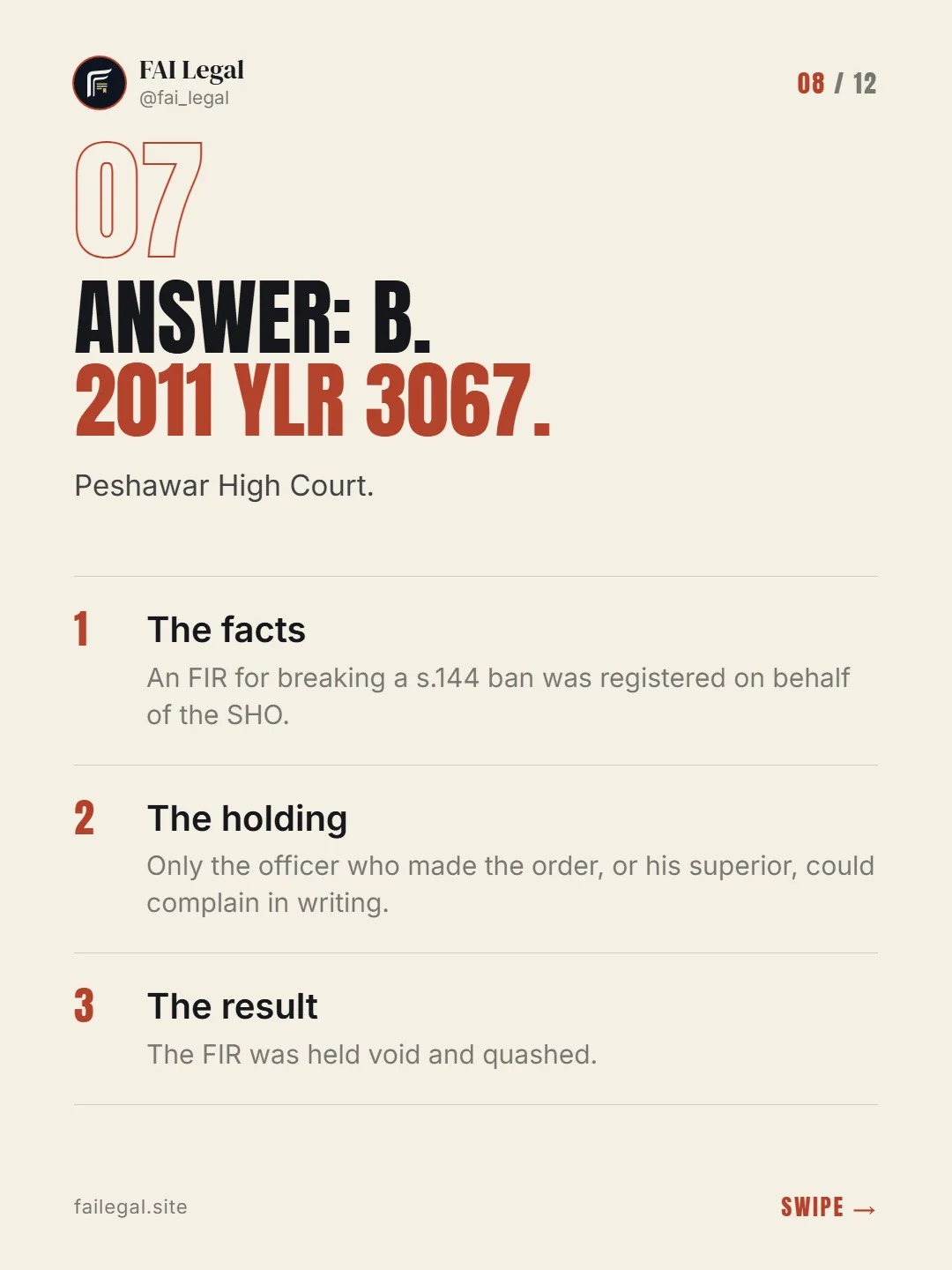 Answer: B. 2011 YLR 3067. · Peshawar High Court. · The facts · The holding · The result