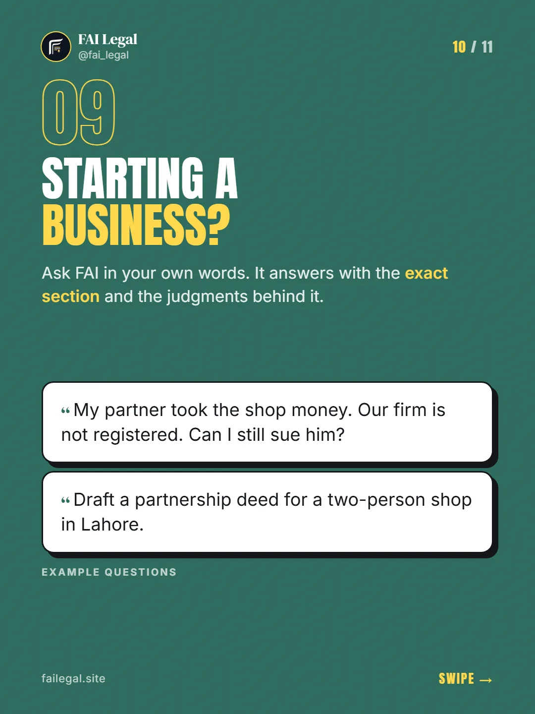 Starting a business? · Ask FAI in your own words. It answers with the exact section and the judgments behind it. · My partner took the shop money. Our firm is not registered. Can I still sue him? · Draft a partnership deed for a two-person shop in Lahore.
