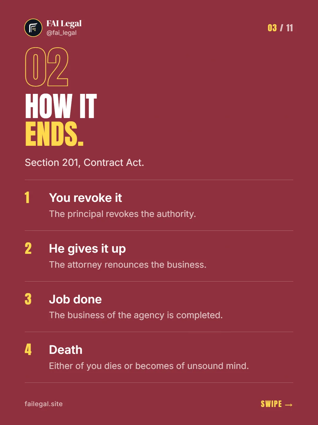 How it ends. · Section 201, Contract Act. · You revoke it · He gives it up · Job done · Death